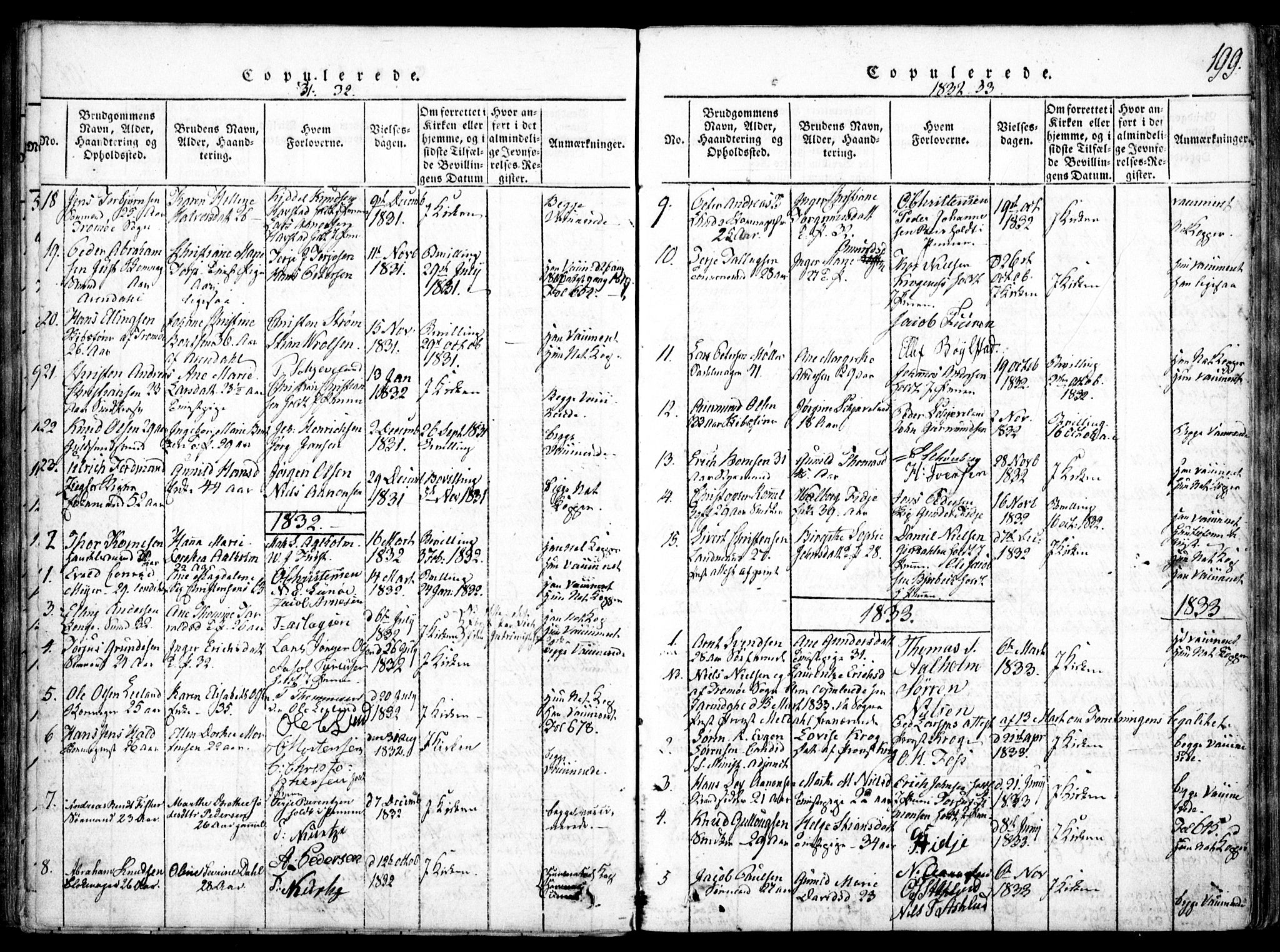 Arendal sokneprestkontor, Trefoldighet, SAK/1111-0040/F/Fa/L0004: Parish register (official) no. A 4, 1816-1839, p. 199