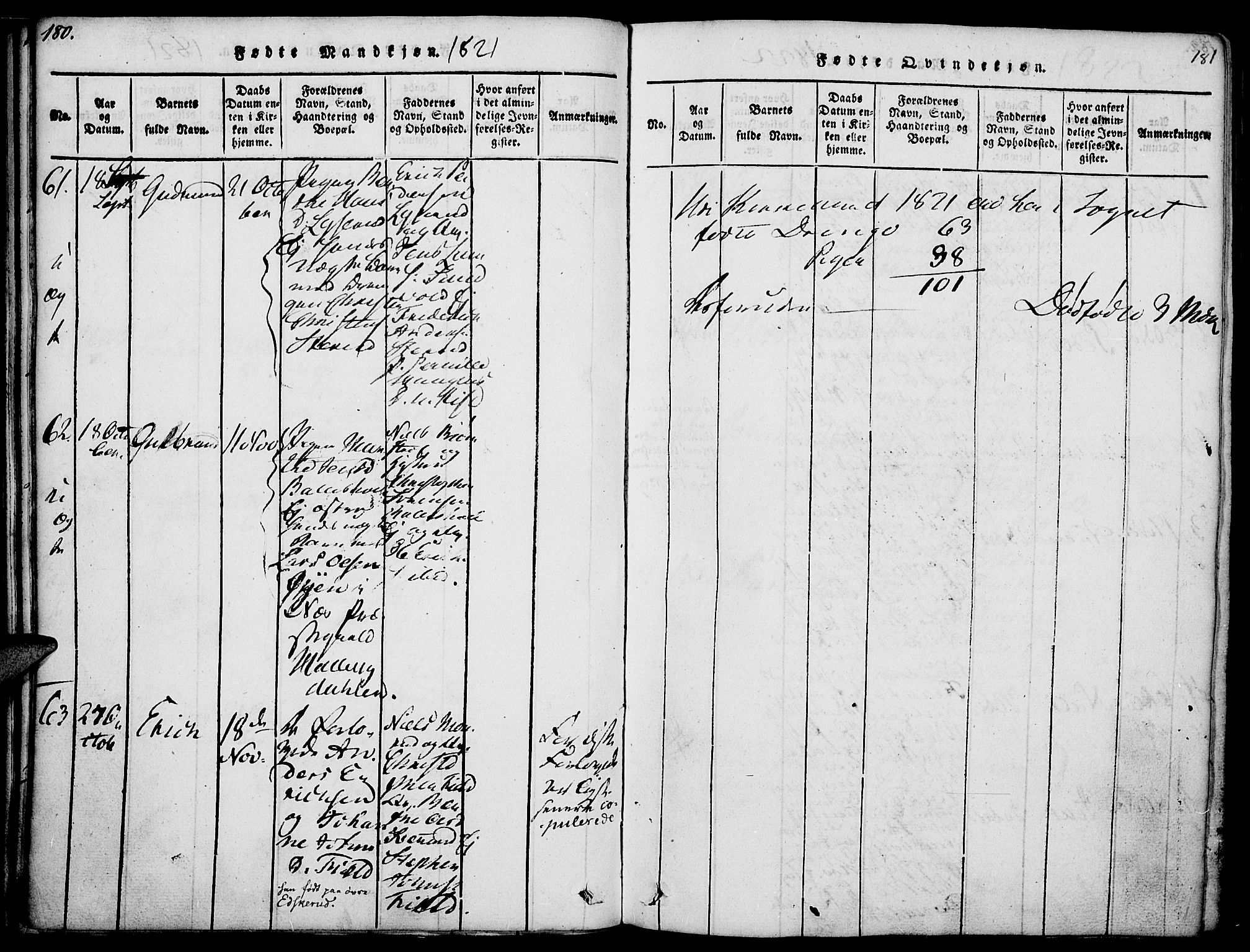 Nes prestekontor, Hedmark, AV/SAH-PREST-020/K/Ka/L0002: Parish register (official) no. 2, 1813-1827, p. 180-181