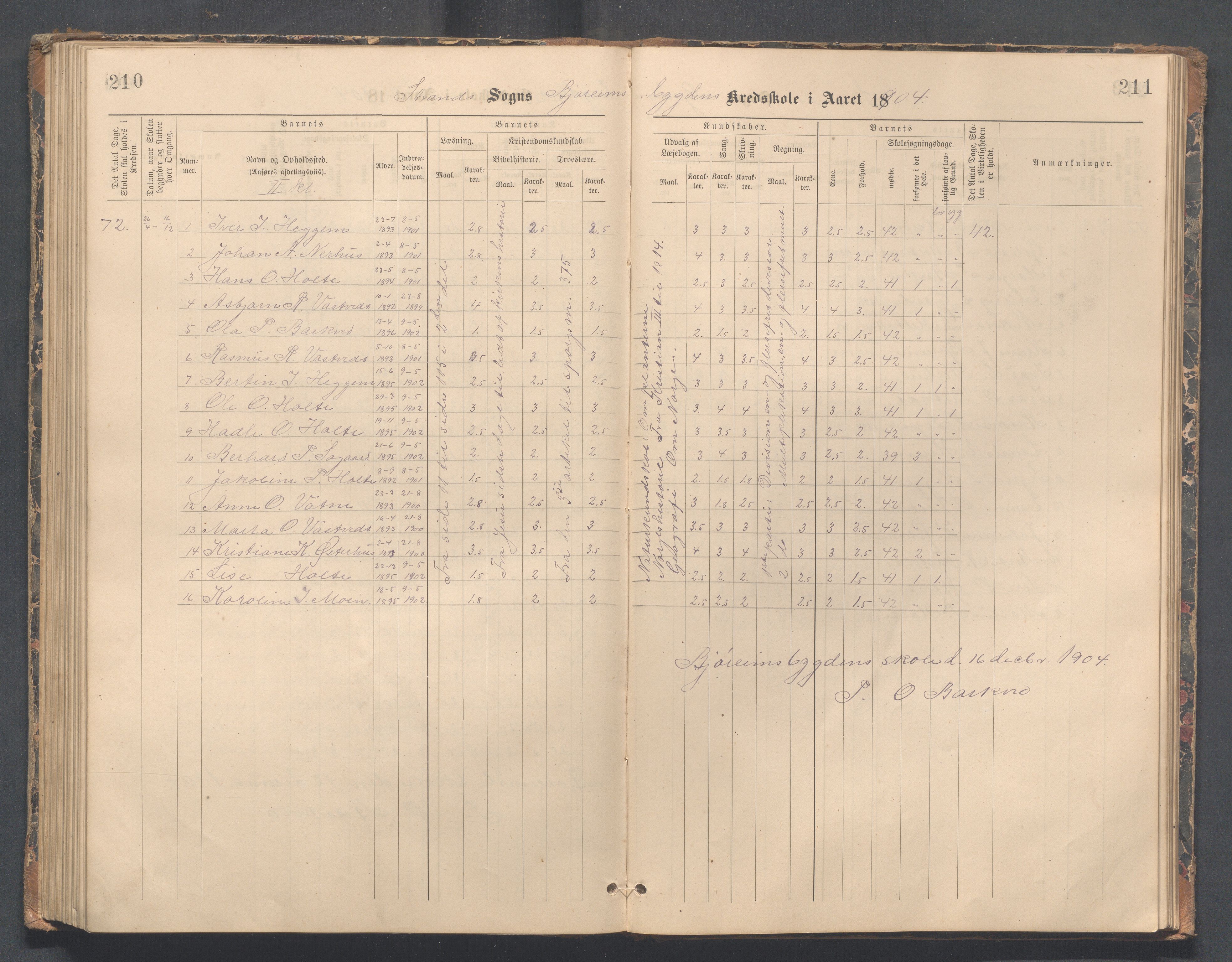 Strand kommune - Bjørheimsbygd skole, IKAR/A-147/H/L0002: Skoleprotokoll for Bjørheimsbygd og Lekvam krets, 1891-1907, p. 210-211