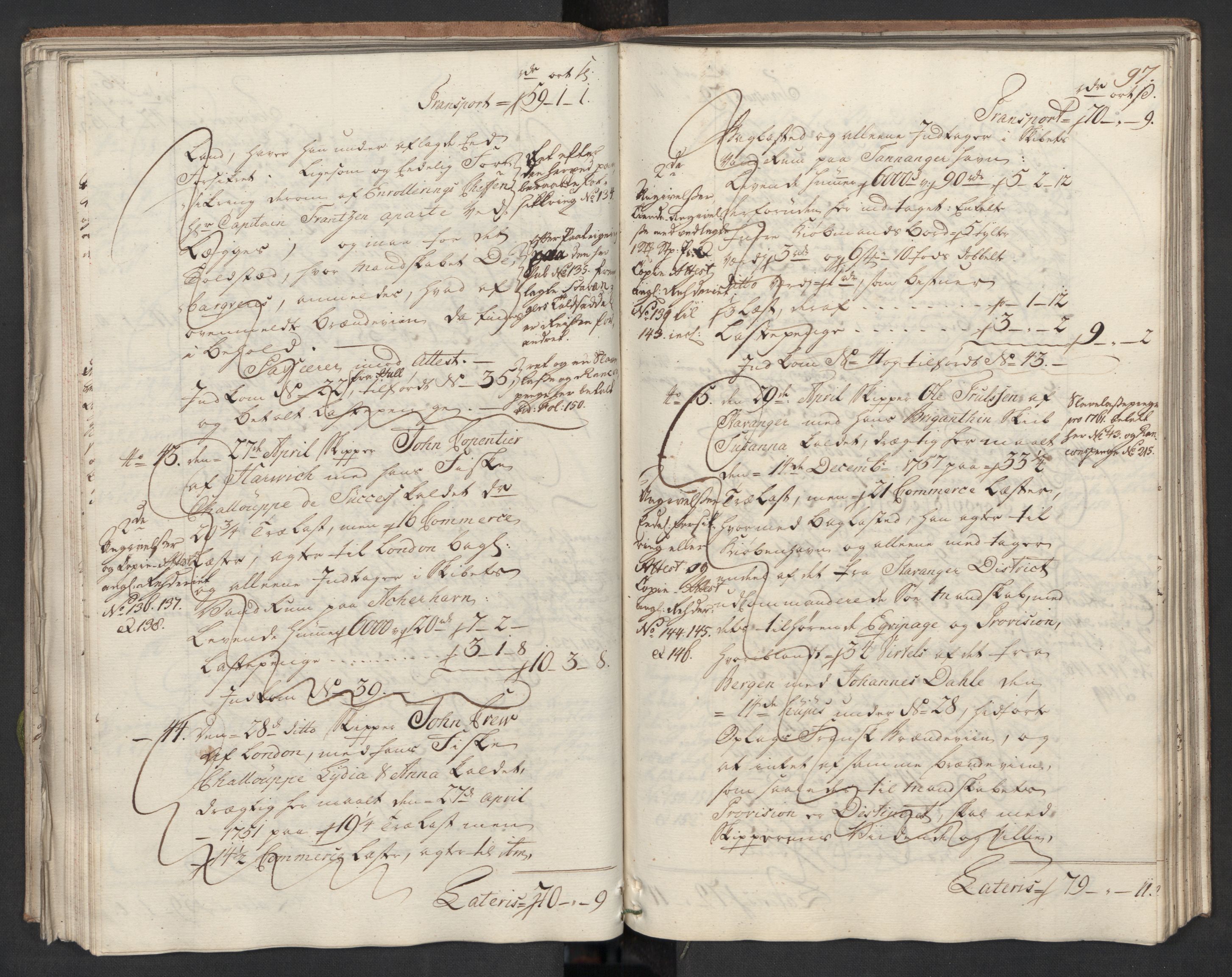 Generaltollkammeret, tollregnskaper, AV/RA-EA-5490/R22/L0024/0001: Tollregnskaper Stavanger / Hovedtollbok, 1762, p. 96b-97a