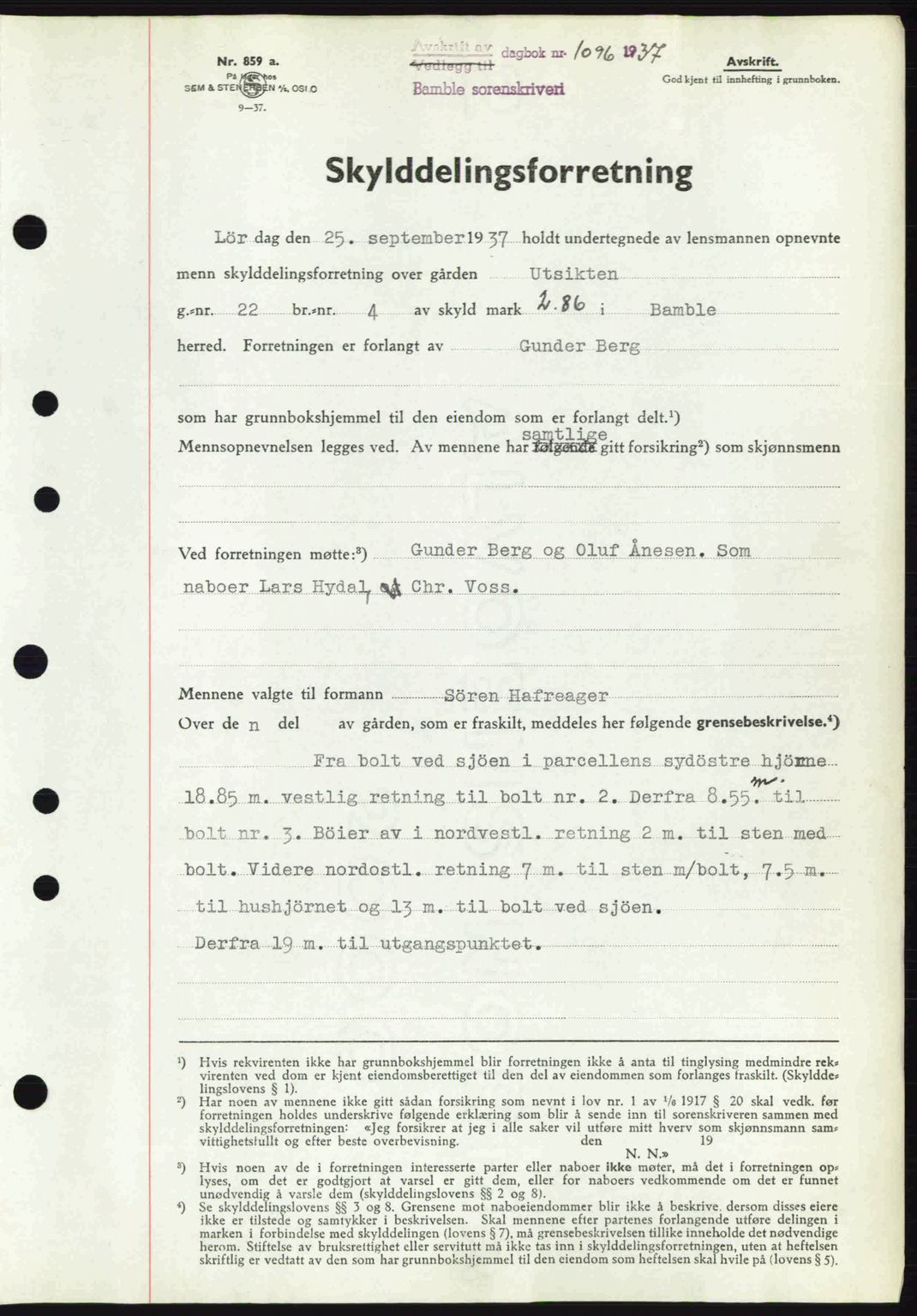 Bamble sorenskriveri, AV/SAKO-A-214/G/Ga/Gag/L0002: Mortgage book no. A-2, 1937-1938, Diary no: : 1096/1937