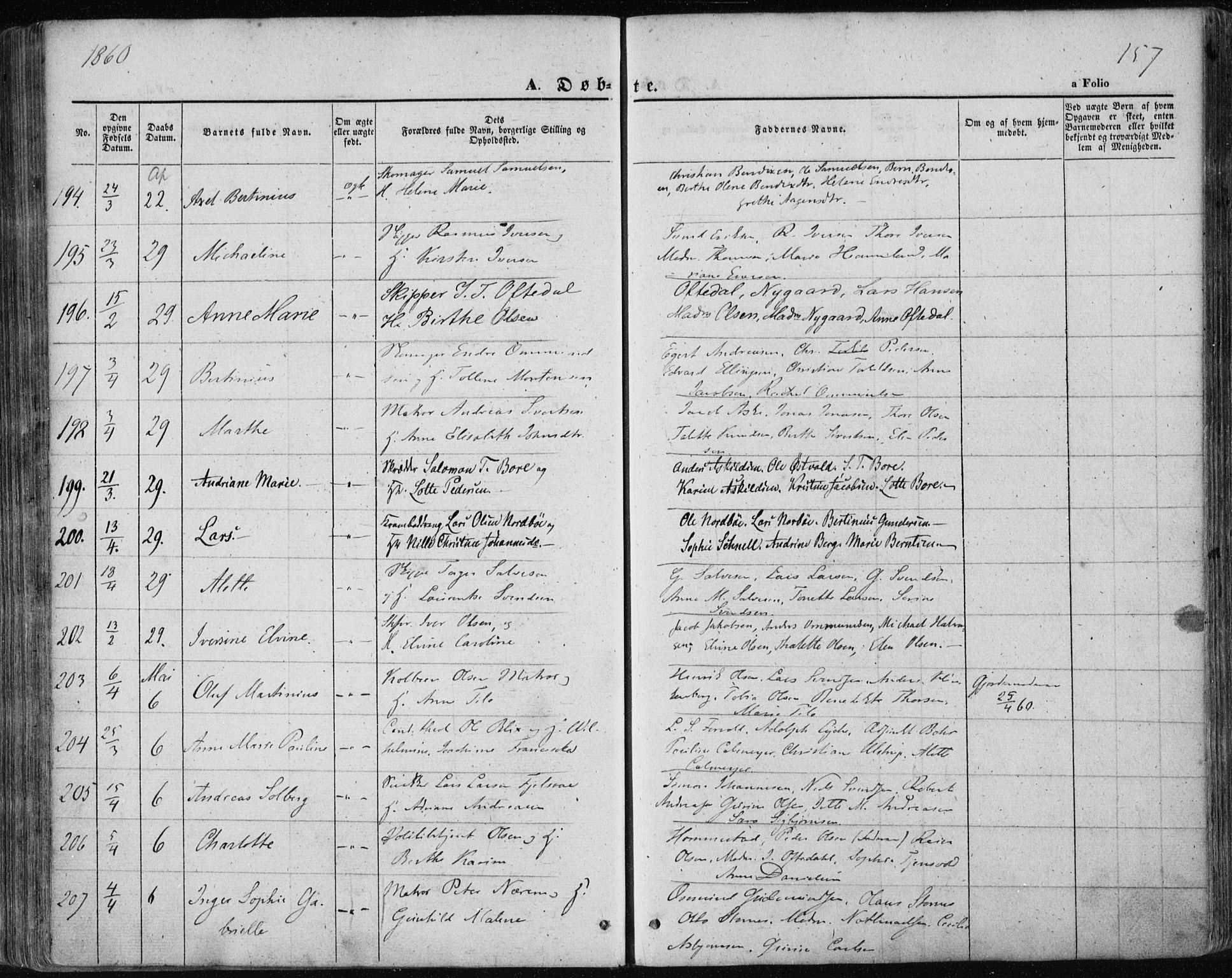 Domkirken sokneprestkontor, AV/SAST-A-101812/001/30/30BA/L0017: Parish register (official) no. A 16, 1855-1867, p. 157