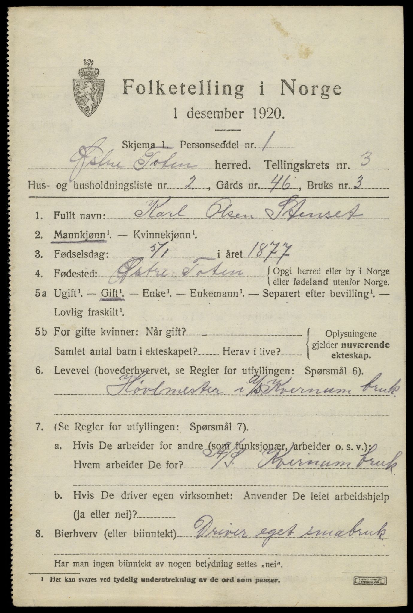 SAH, 1920 census for Østre Toten, 1920, p. 6110