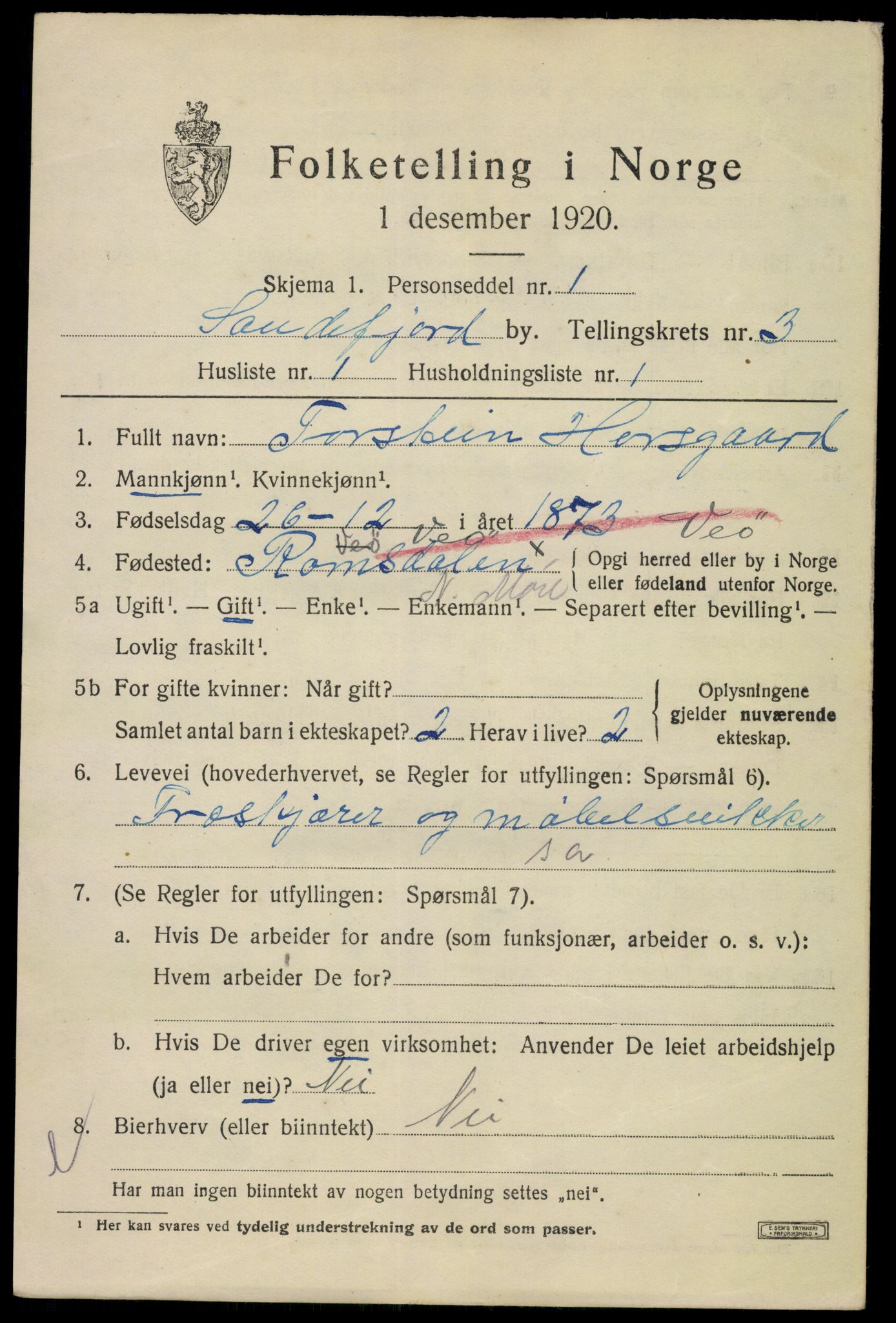 SAKO, 1920 census for Sandefjord, 1920, p. 6556