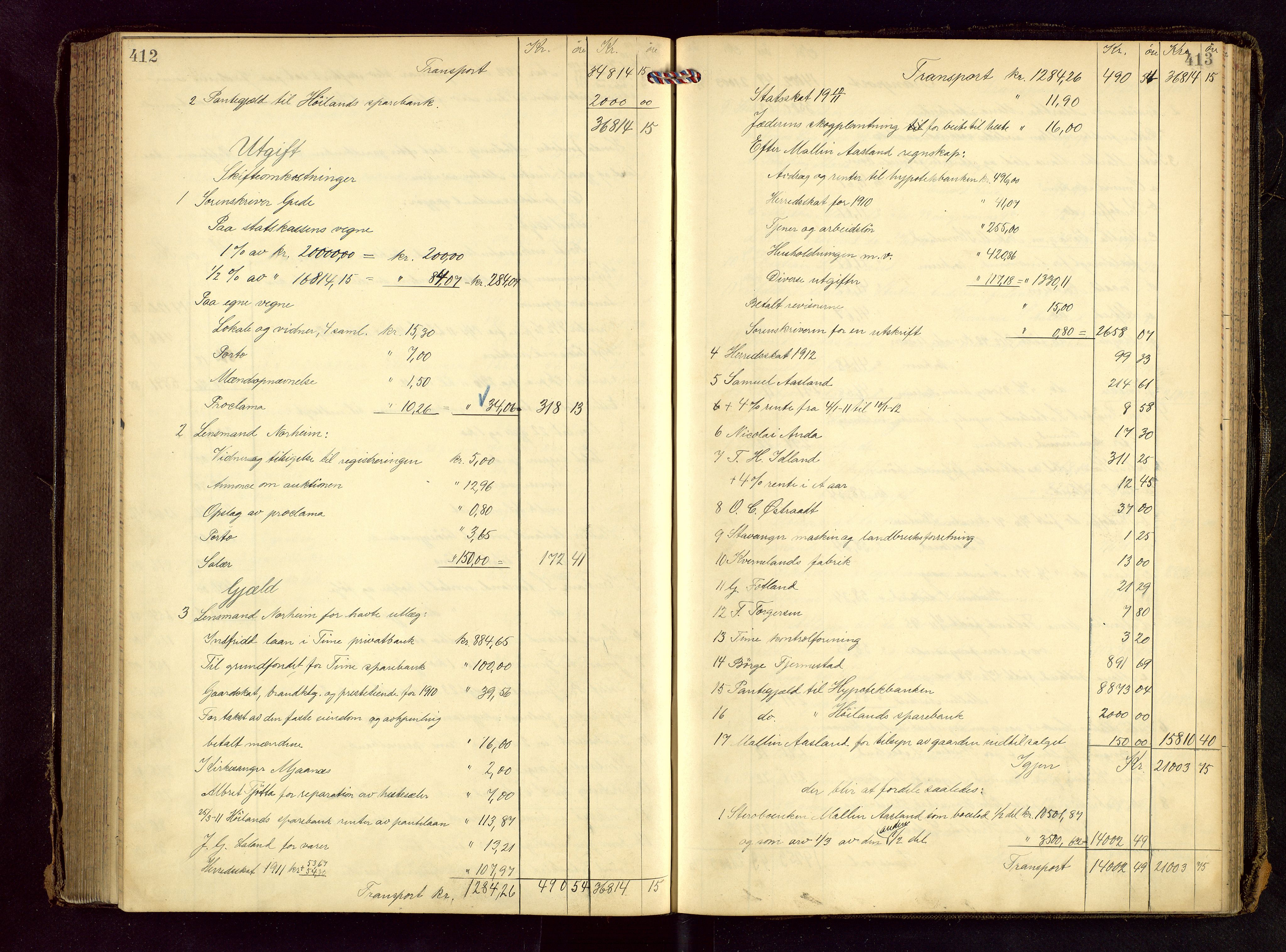 Jæren sorenskriveri, AV/SAST-A-100310/01/5/50/50BB/L0007: SKIFTEUTLODNINGSPROTOKOLL, 1907-1914, p. 412-413