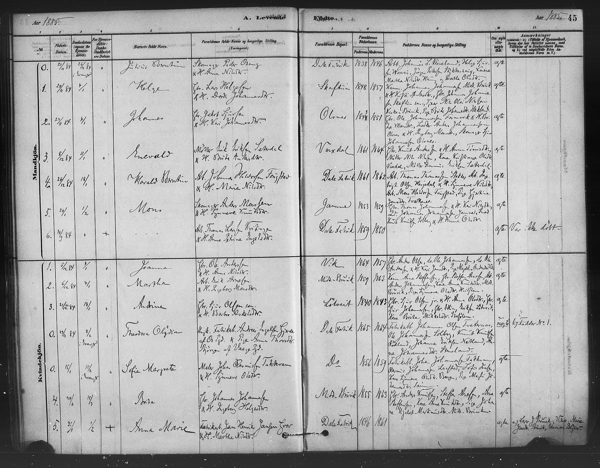 Bruvik Sokneprestembete, SAB/A-74701/H/Haa: Parish register (official) no. B 1, 1878-1904, p. 45