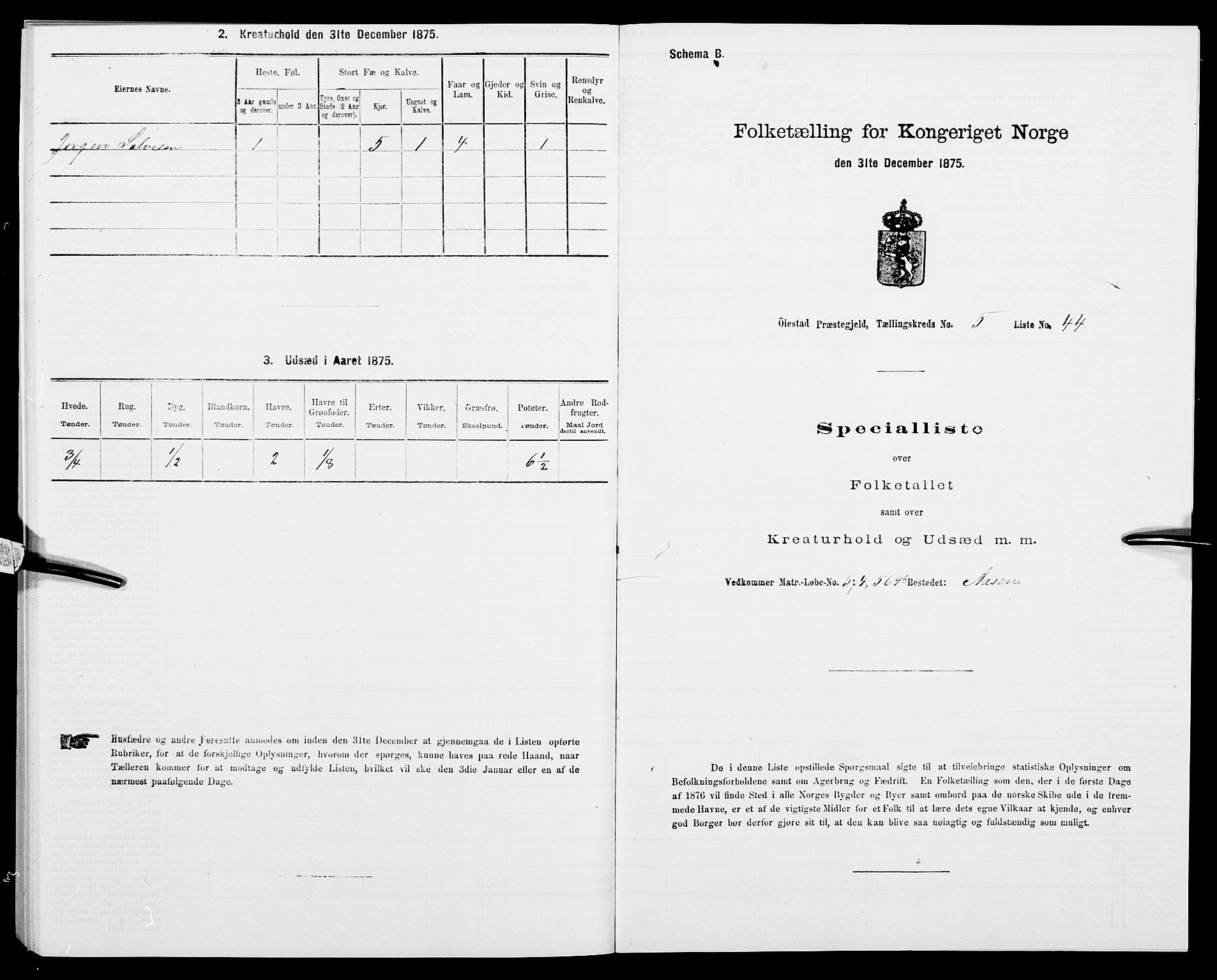 SAK, 1875 census for 0920P Øyestad, 1875, p. 691