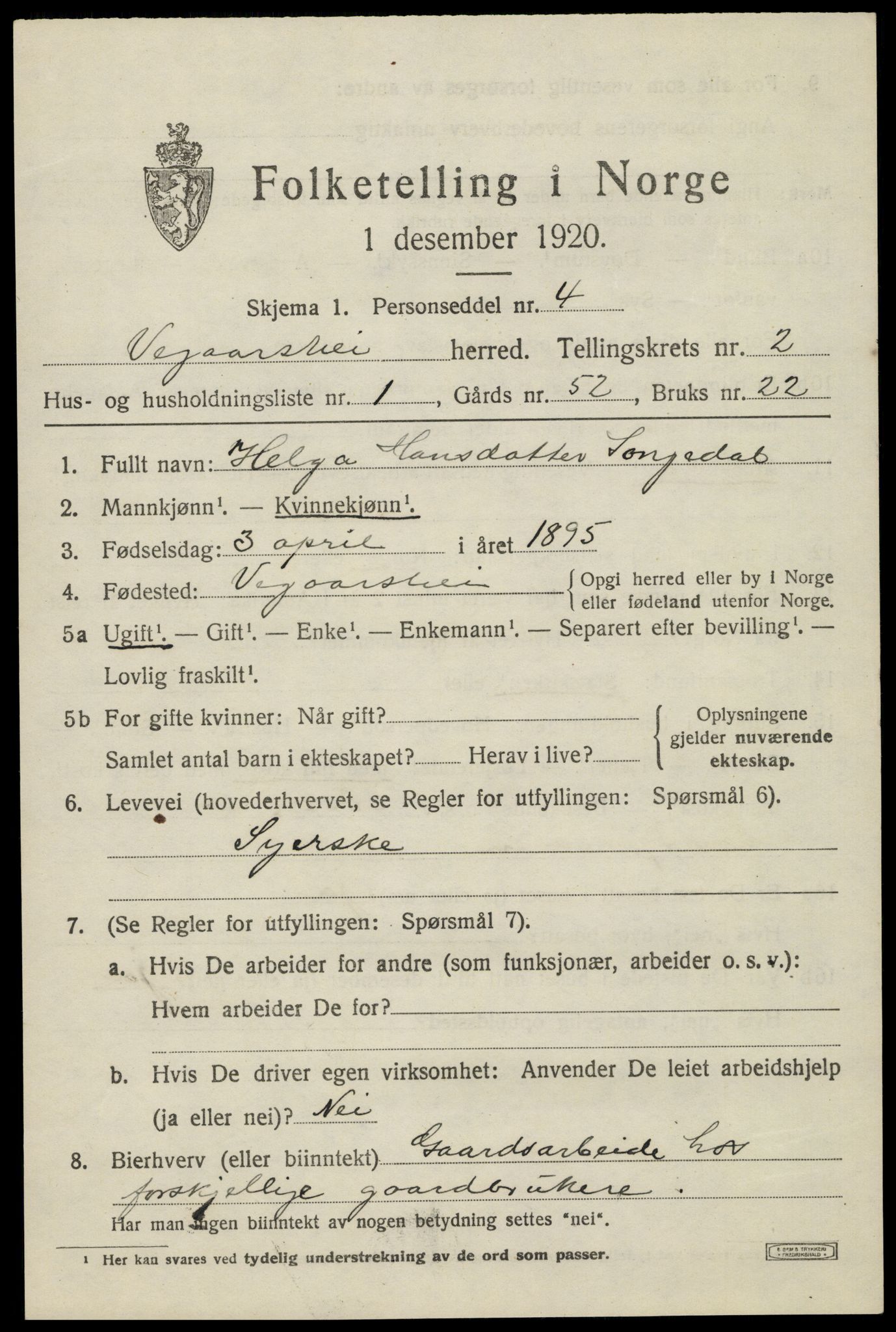 SAK, 1920 census for Vegårshei, 1920, p. 1222