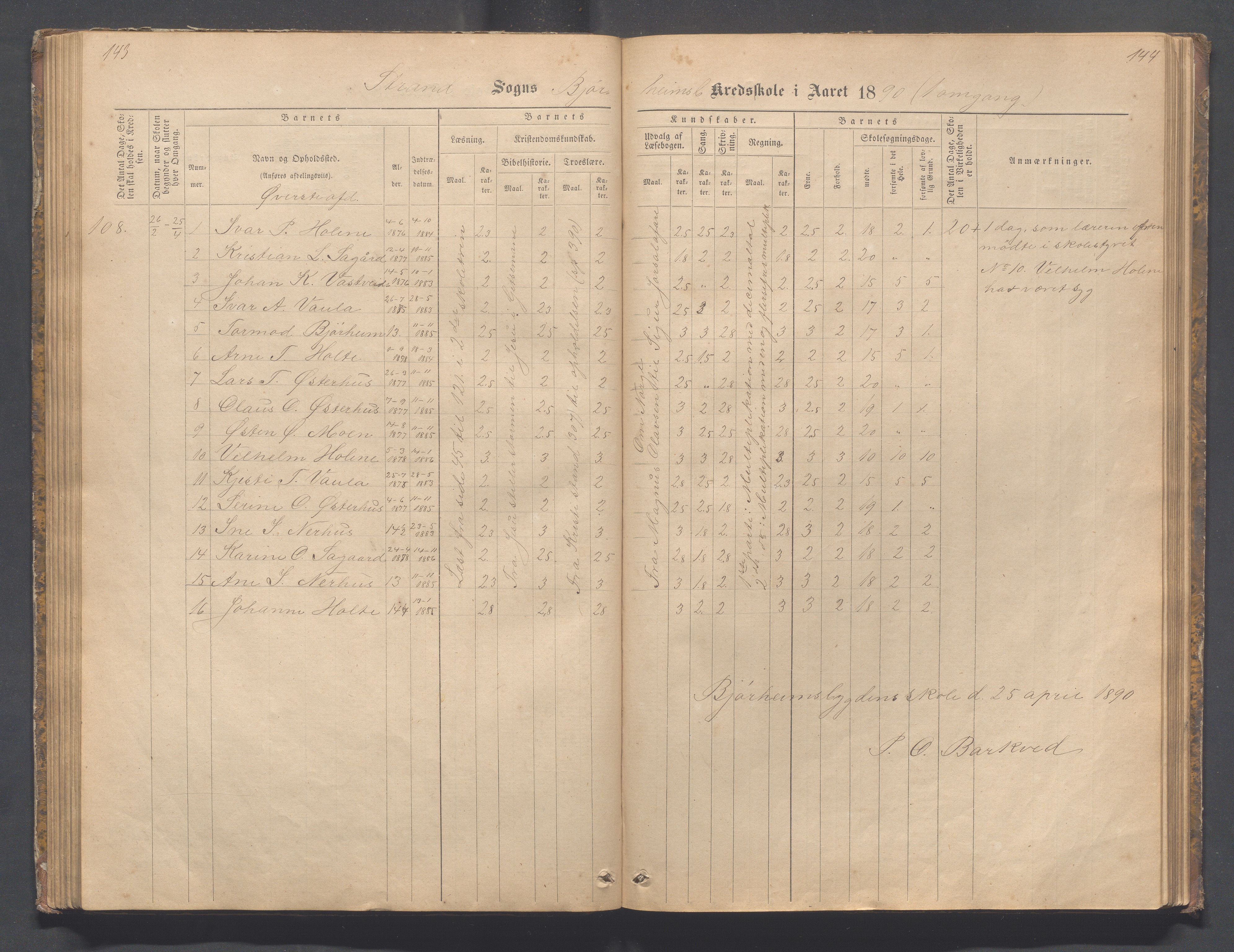 Strand kommune - Bjørheimsbygd skole, IKAR/A-147/H/L0001: Skoleprotokoll for Bjørheimsbygd,Lekvam og Hidle krets, 1873-1884, p. 143-144