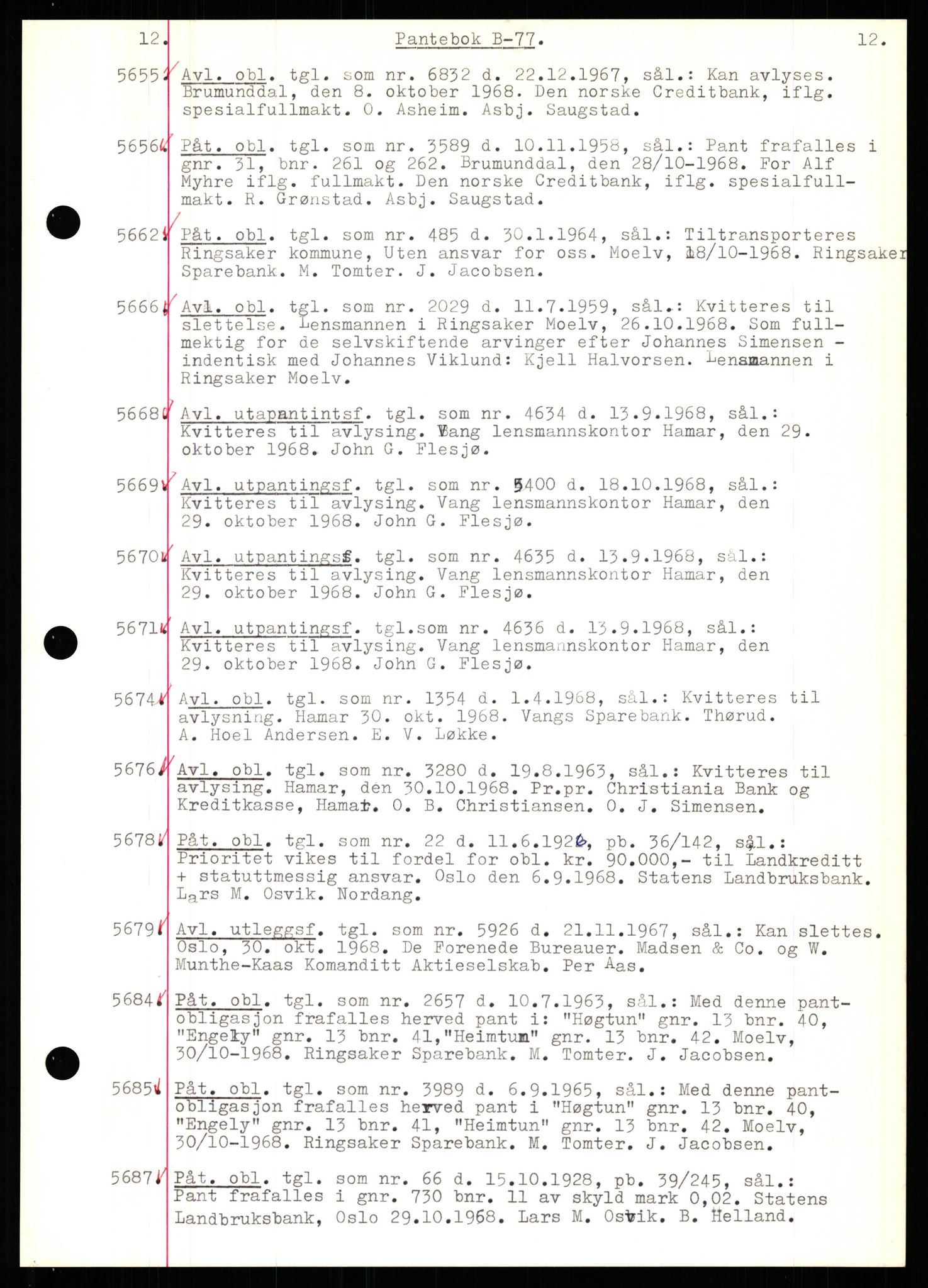 Nord-Hedmark sorenskriveri, SAH/TING-012/H/Hb/Hbf/L0077: Mortgage book no. B77, 1968-1969, Diary no: : 5655/1968