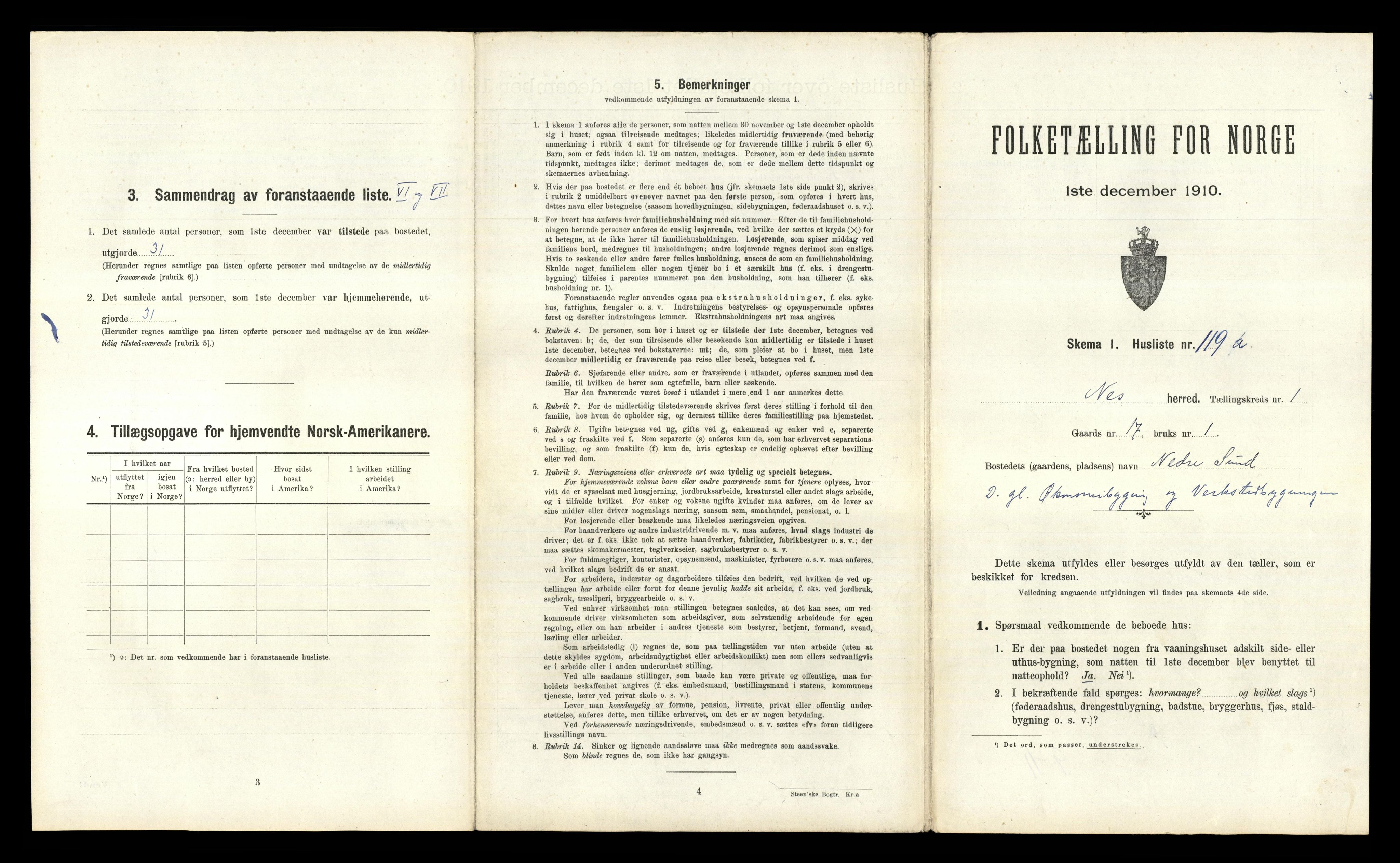 RA, 1910 census for Nes, 1910, p. 281