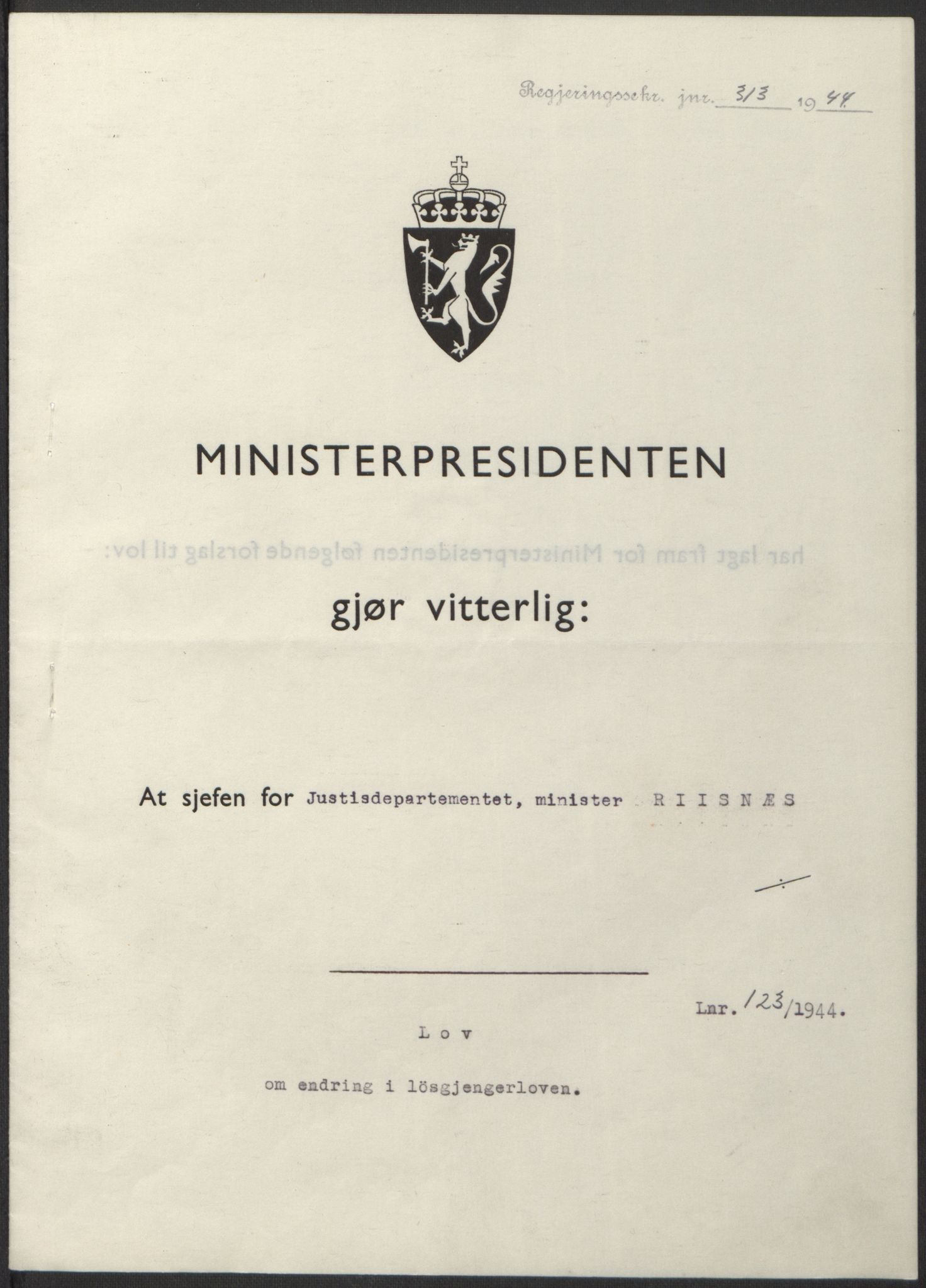 NS-administrasjonen 1940-1945 (Statsrådsekretariatet, de kommisariske statsråder mm), RA/S-4279/D/Db/L0100: Lover, 1944, p. 582