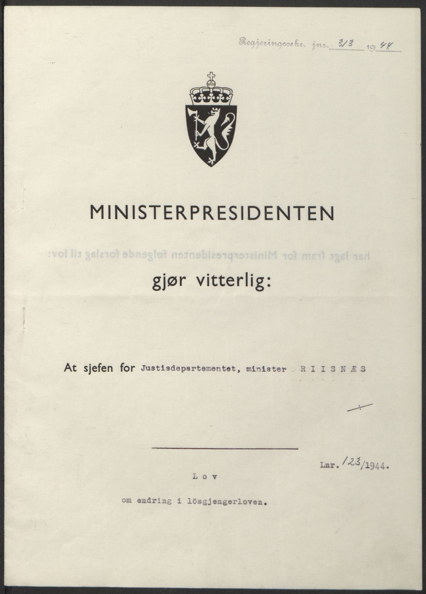 NS-administrasjonen 1940-1945 (Statsrådsekretariatet, de kommisariske statsråder mm), AV/RA-S-4279/D/Db/L0100: Lover, 1944, p. 582