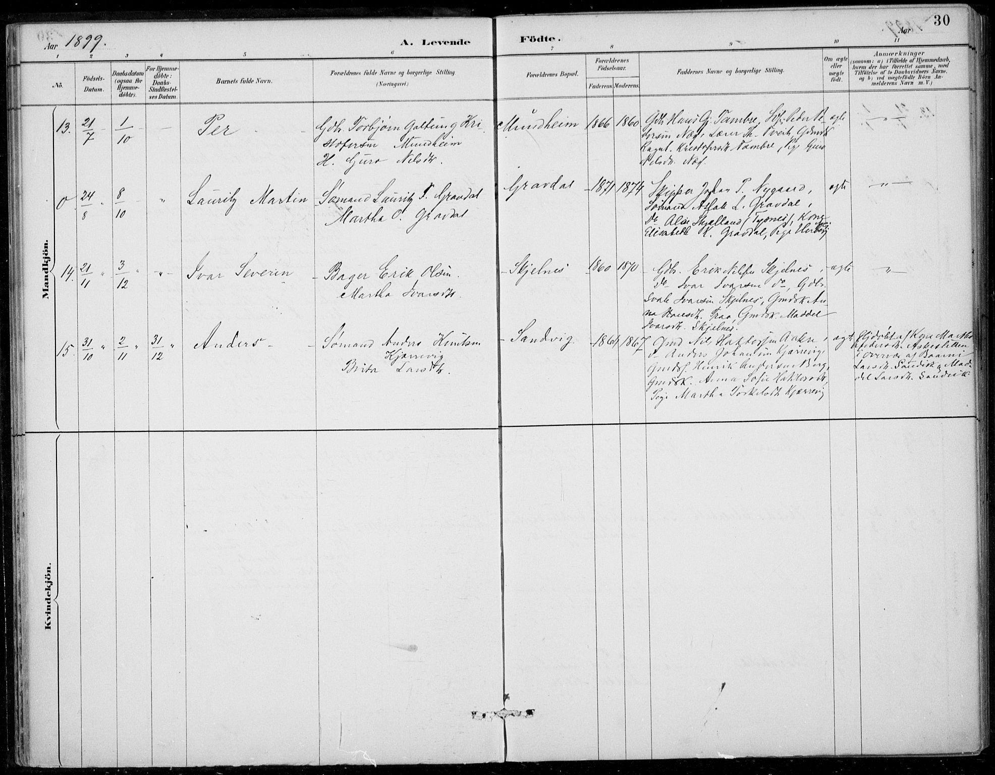 Strandebarm sokneprestembete, SAB/A-78401/H/Haa: Parish register (official) no. D  1, 1886-1912, p. 30
