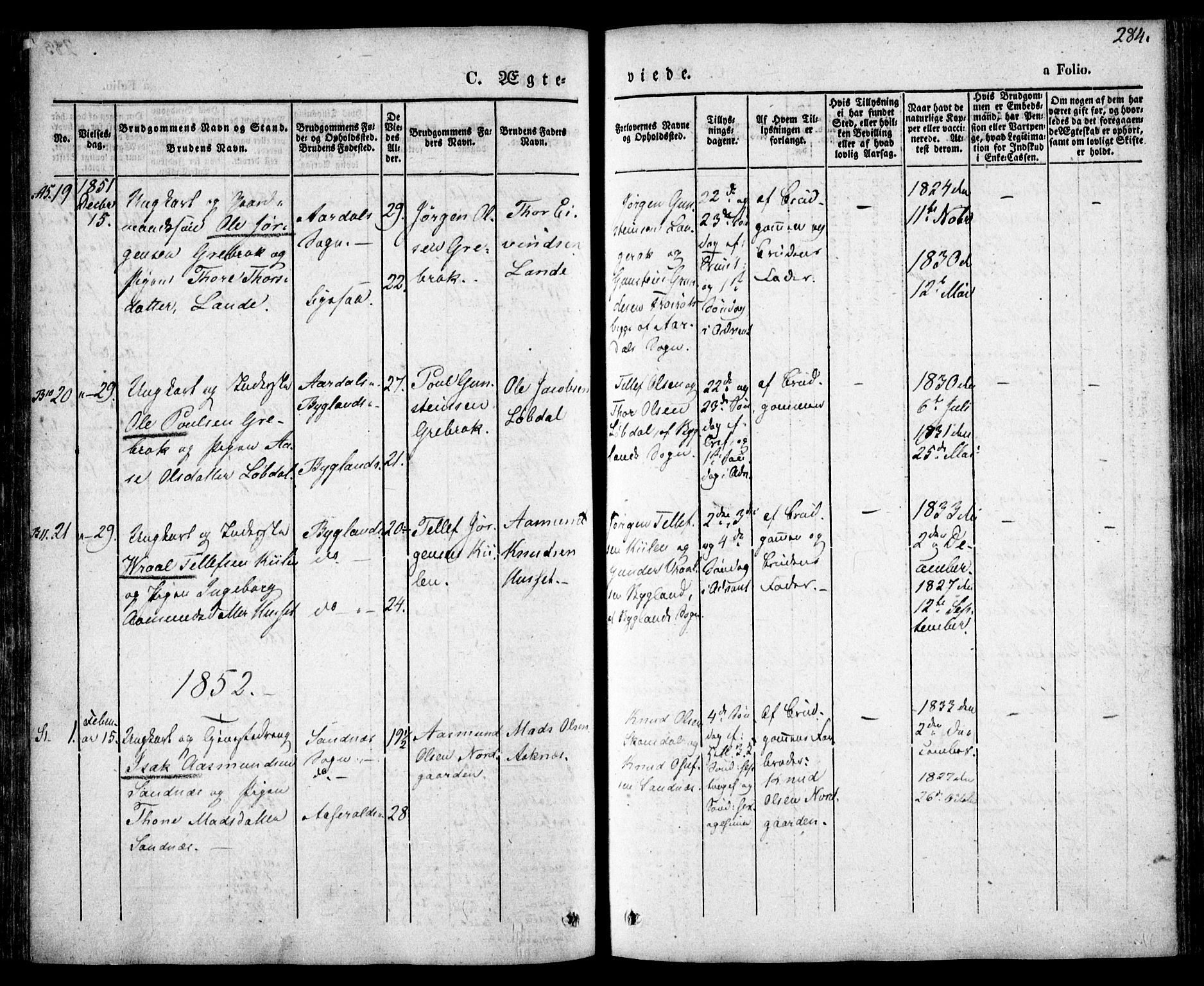 Bygland sokneprestkontor, SAK/1111-0006/F/Fa/Fab/L0004: Parish register (official) no. A 4, 1842-1858, p. 284