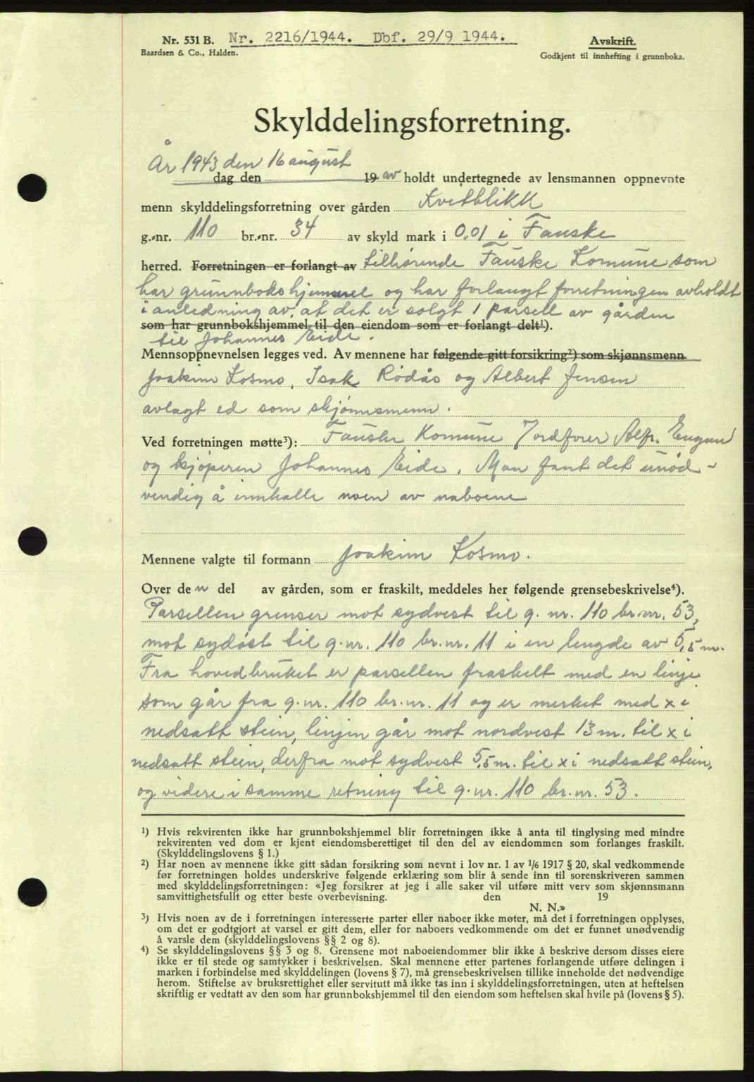 Salten sorenskriveri, AV/SAT-A-4578/1/2/2C: Mortgage book no. A14-15, 1943-1945, Diary no: : 2216/1944