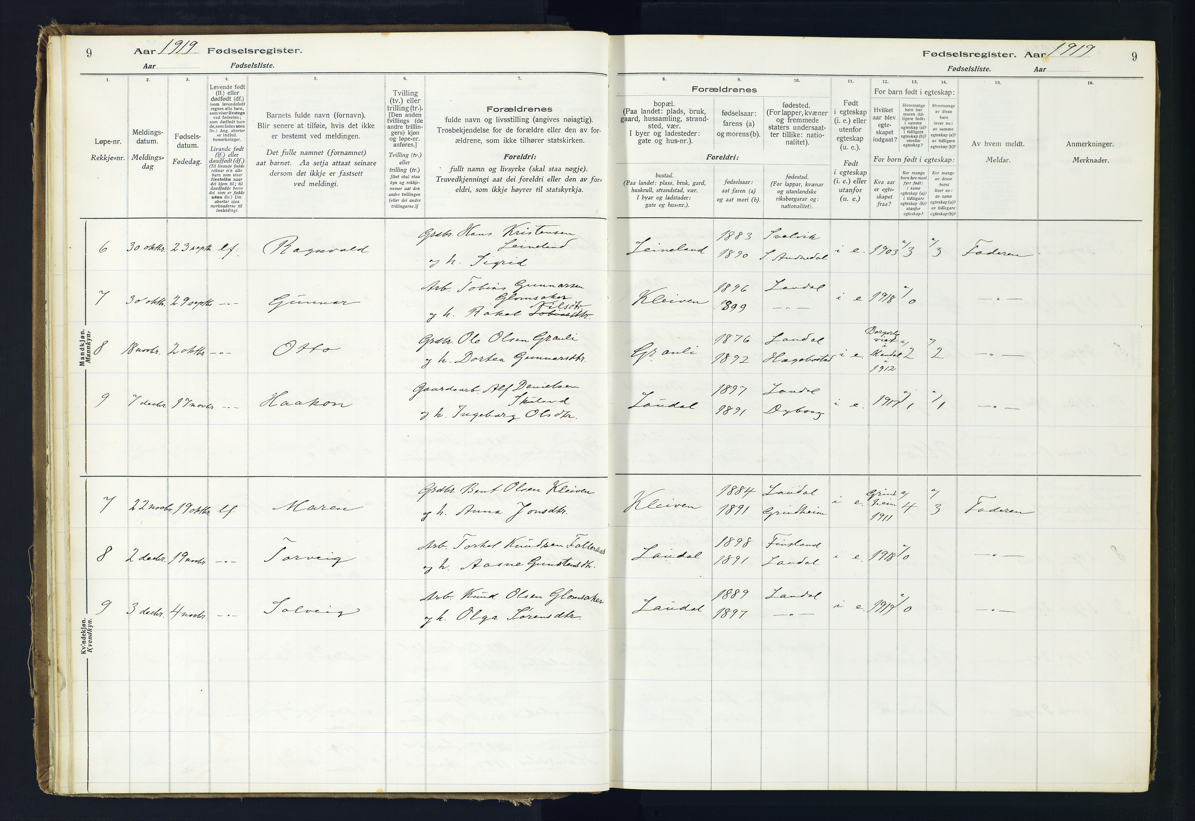 Holum sokneprestkontor, SAK/1111-0022/J/Ja/L0001: Birth register no. II.6.10, 1916-1982, p. 9