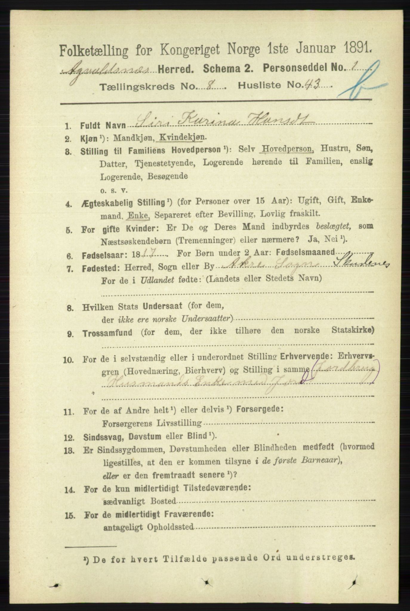 RA, 1891 census for 1147 Avaldsnes, 1891, p. 4416