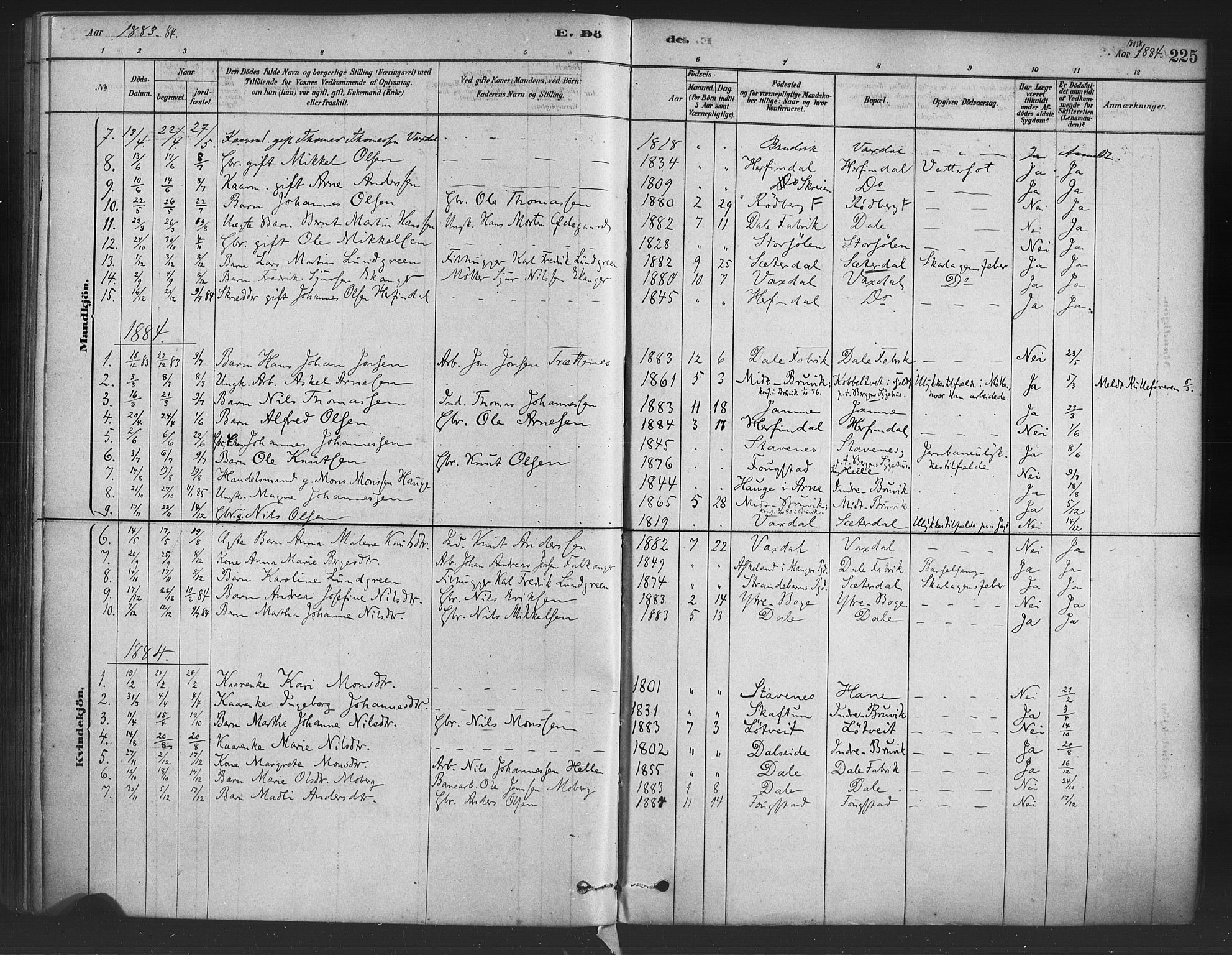 Bruvik Sokneprestembete, SAB/A-74701/H/Haa: Parish register (official) no. B 1, 1878-1904, p. 225