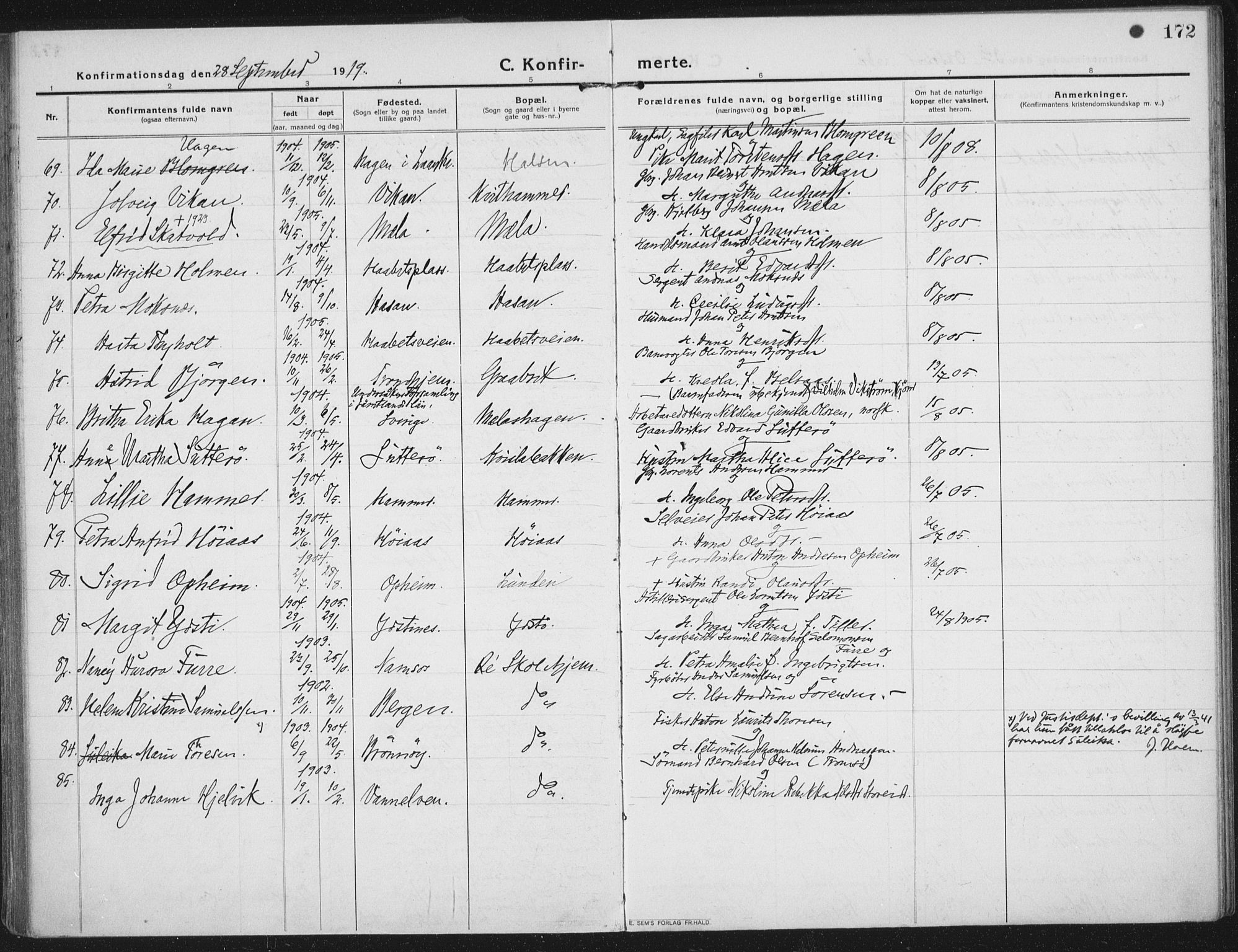 Ministerialprotokoller, klokkerbøker og fødselsregistre - Nord-Trøndelag, AV/SAT-A-1458/709/L0083: Parish register (official) no. 709A23, 1916-1928, p. 172