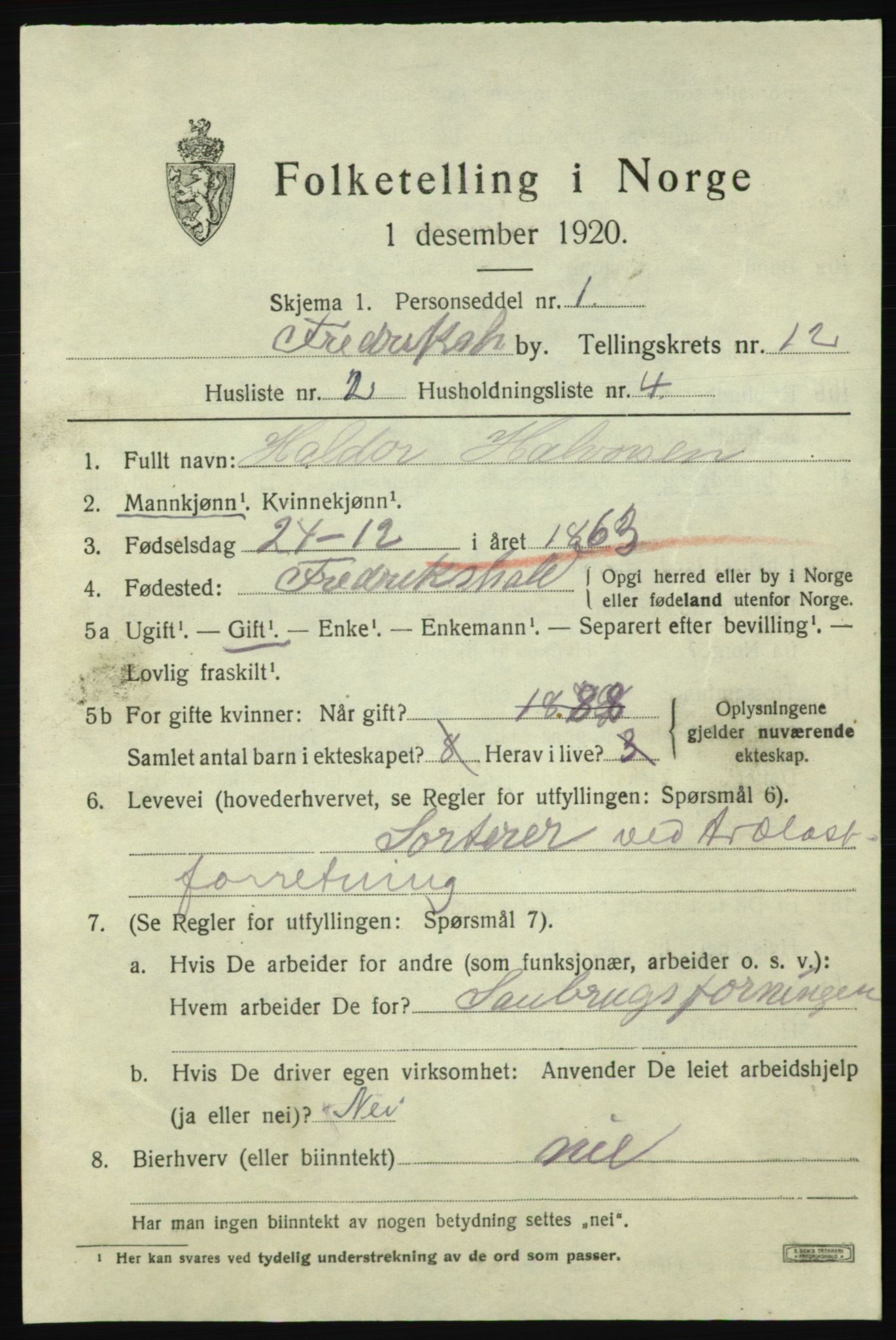 SAO, 1920 census for Fredrikshald, 1920, p. 19875