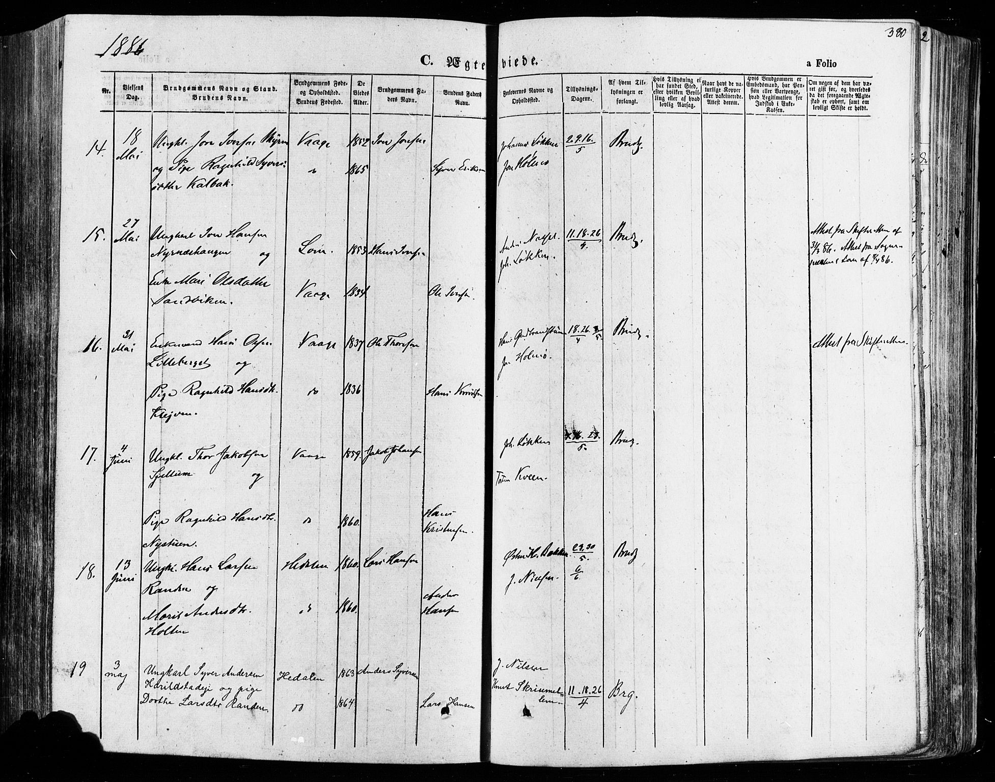 Vågå prestekontor, AV/SAH-PREST-076/H/Ha/Haa/L0007: Parish register (official) no. 7 /1, 1872-1886, p. 380