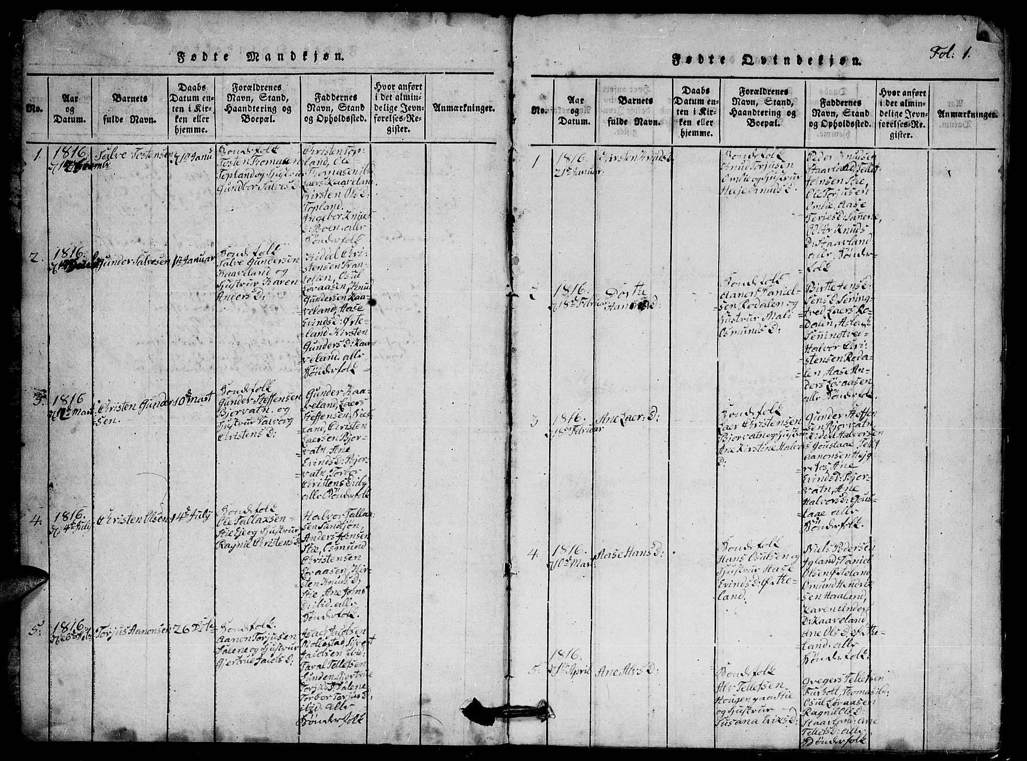Herefoss sokneprestkontor, SAK/1111-0019/F/Fa/Faa/L0001: Parish register (official) no. A 1, 1816-1860, p. 1