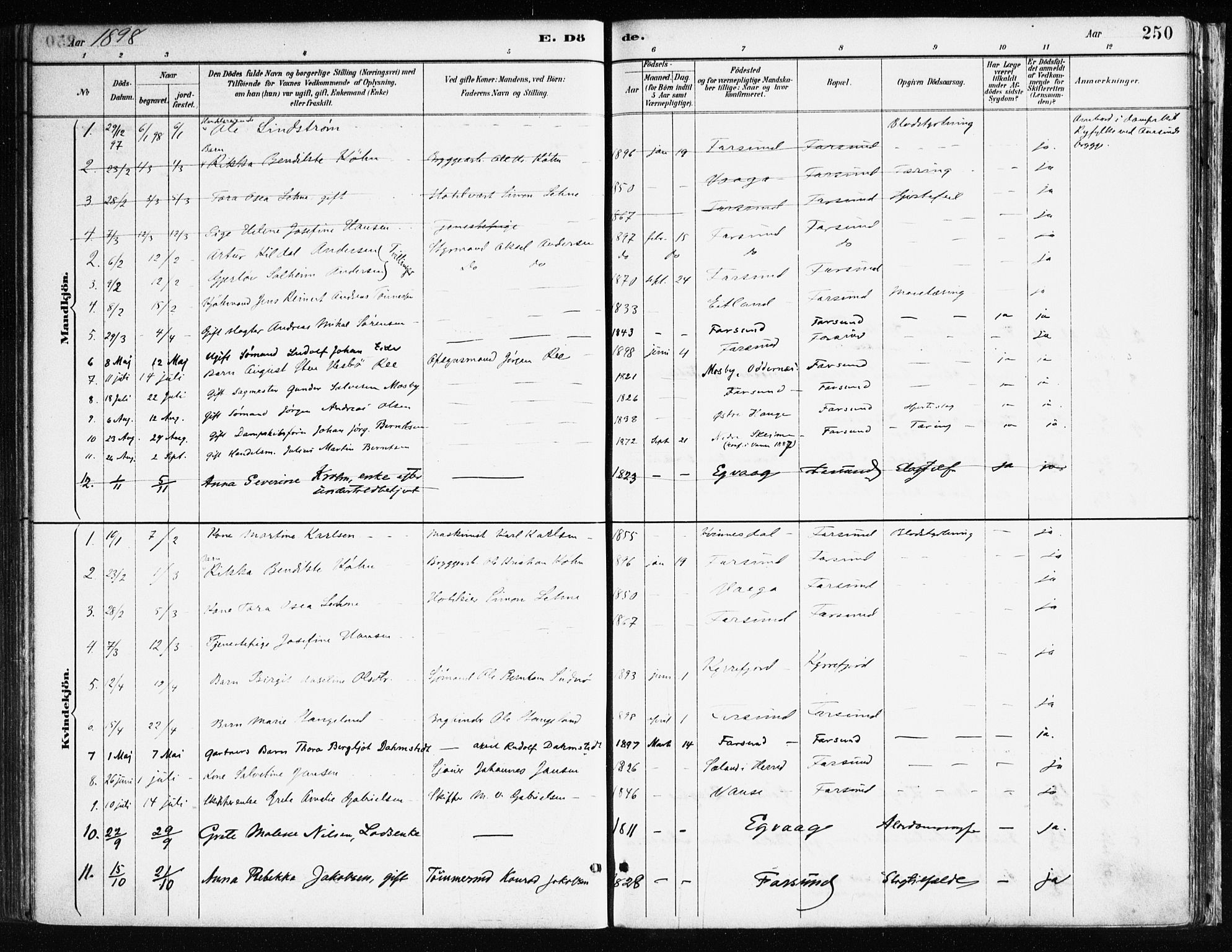 Farsund sokneprestkontor, AV/SAK-1111-0009/F/Fa/L0006: Parish register (official) no. A 6, 1887-1920, p. 250