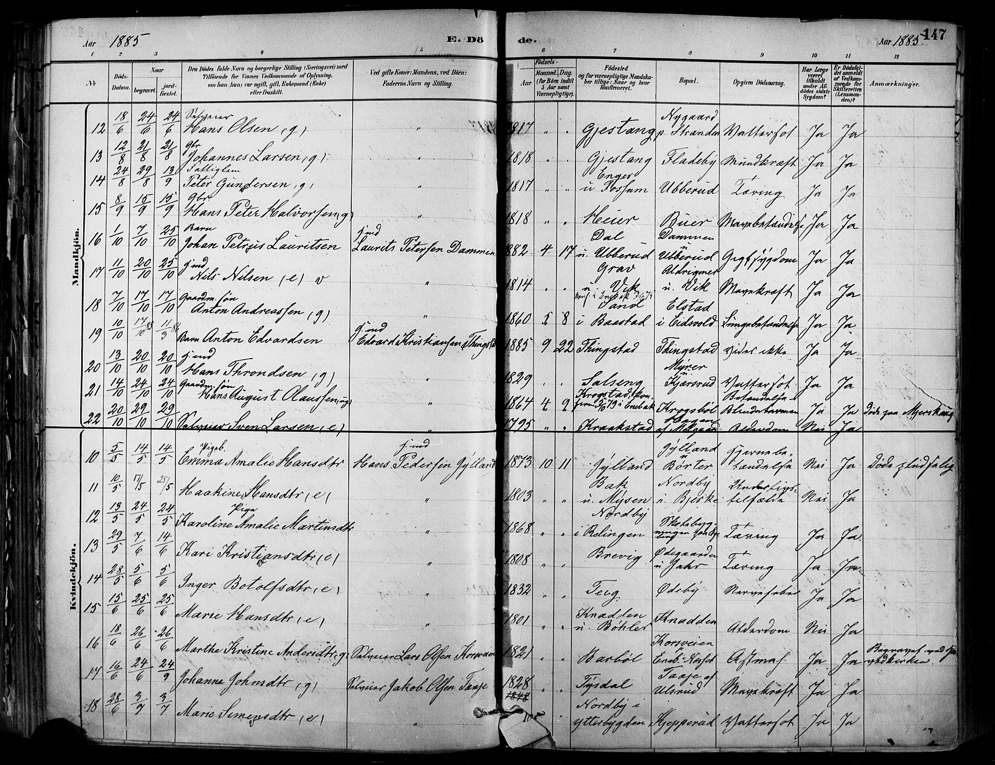 Enebakk prestekontor Kirkebøker, AV/SAO-A-10171c/F/Fa/L0016: Parish register (official) no. I 16, 1883-1898, p. 147