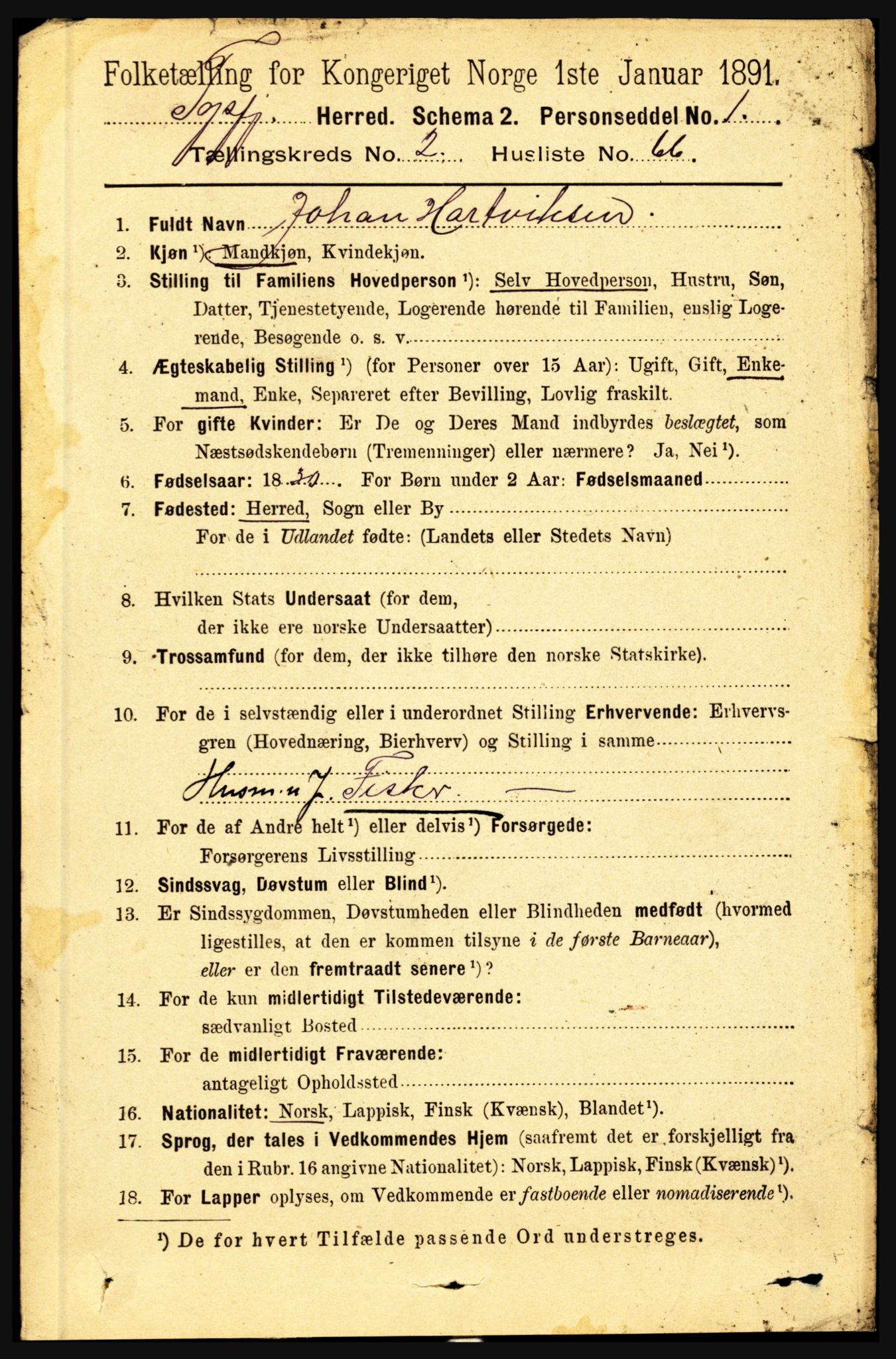 RA, 1891 census for 1850 Tysfjord, 1891, p. 1000