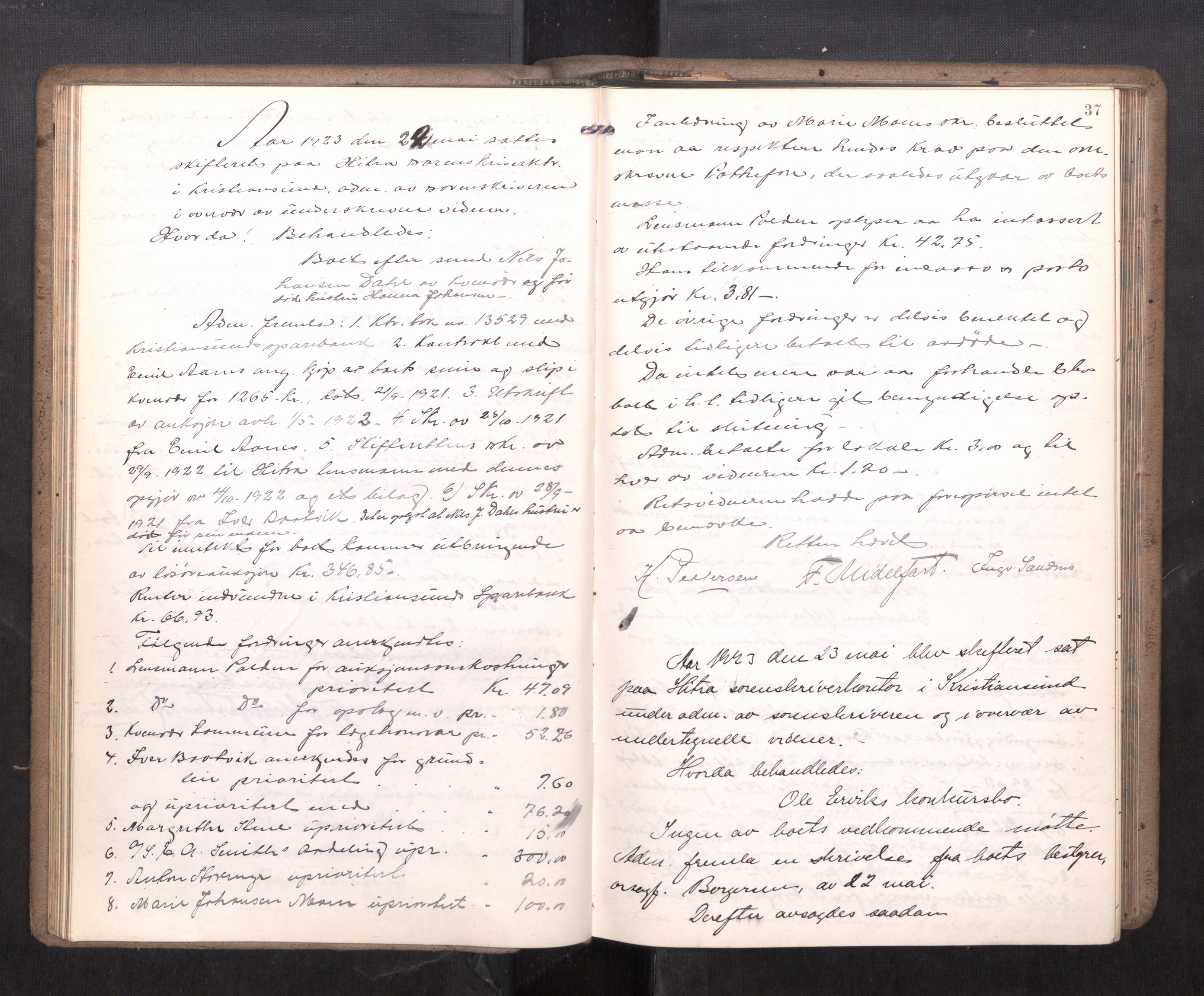 Hitra sorenskriveri, AV/SAT-A-0018/3/3B/L0002: Skifteforhandlingsprotokoll, 1922-1927, p. 36b-37a