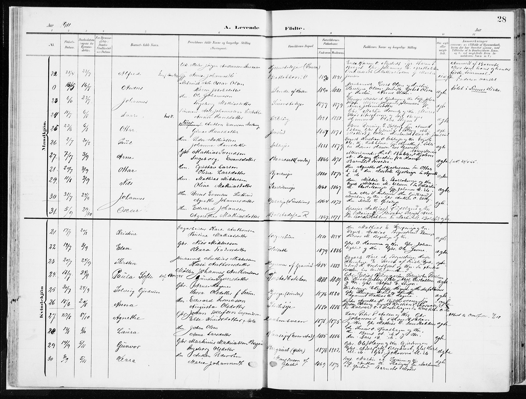 Ringsaker prestekontor, AV/SAH-PREST-014/K/Ka/L0019: Parish register (official) no. 19, 1905-1920, p. 28