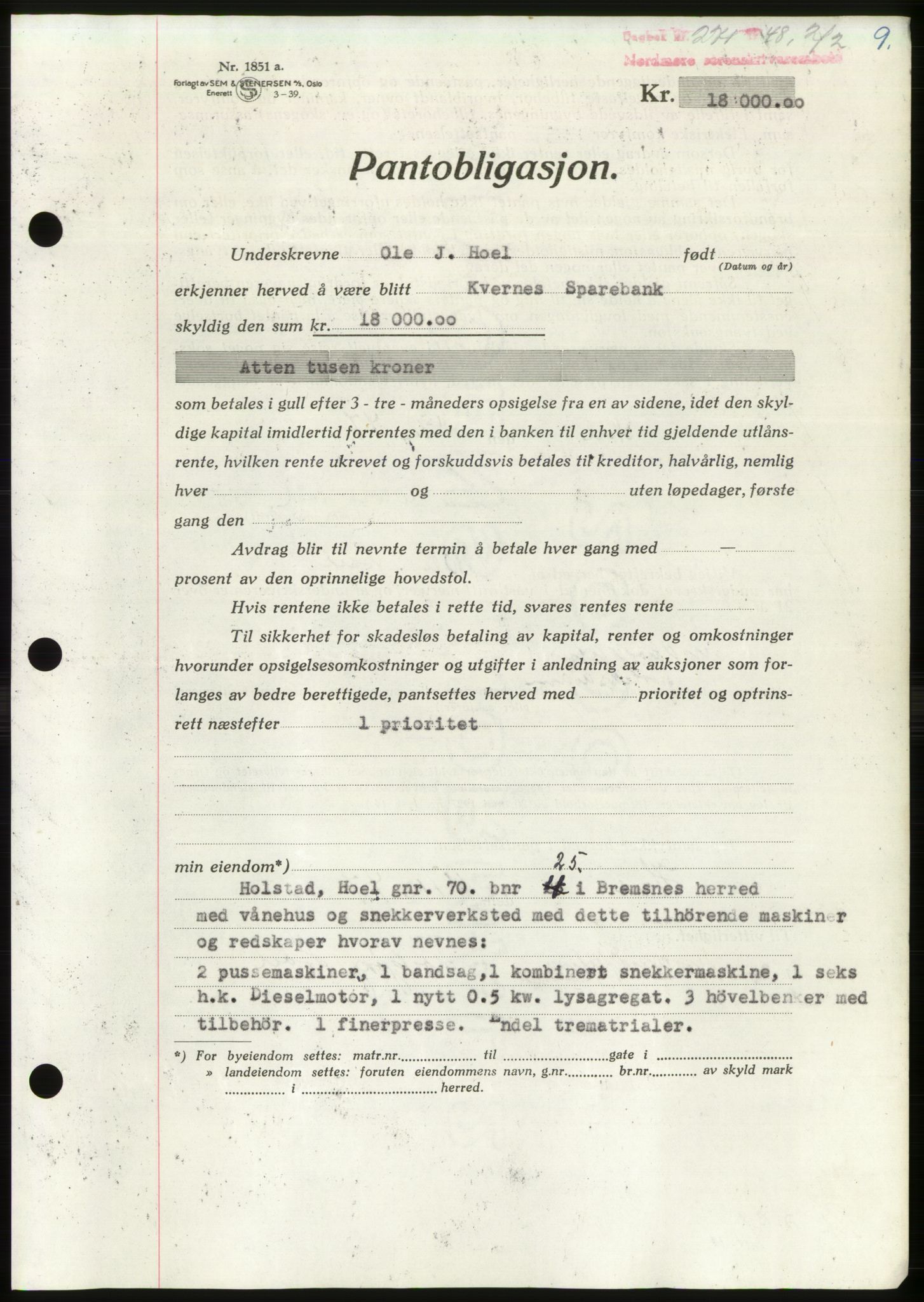 Nordmøre sorenskriveri, AV/SAT-A-4132/1/2/2Ca: Mortgage book no. B98, 1948-1948, Diary no: : 271/1948