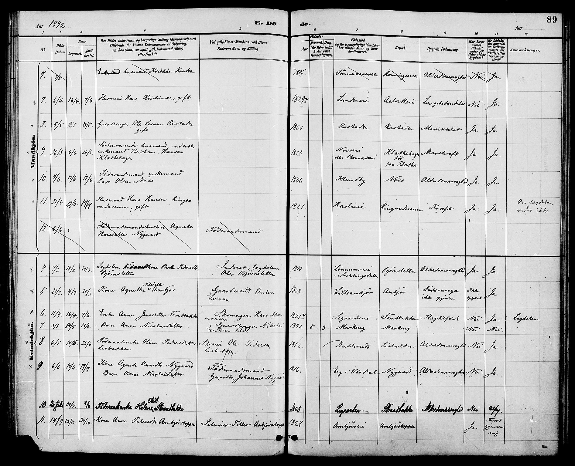 Biri prestekontor, SAH/PREST-096/H/Ha/Haa/L0007: Parish register (official) no. 7, 1887-1893, p. 89