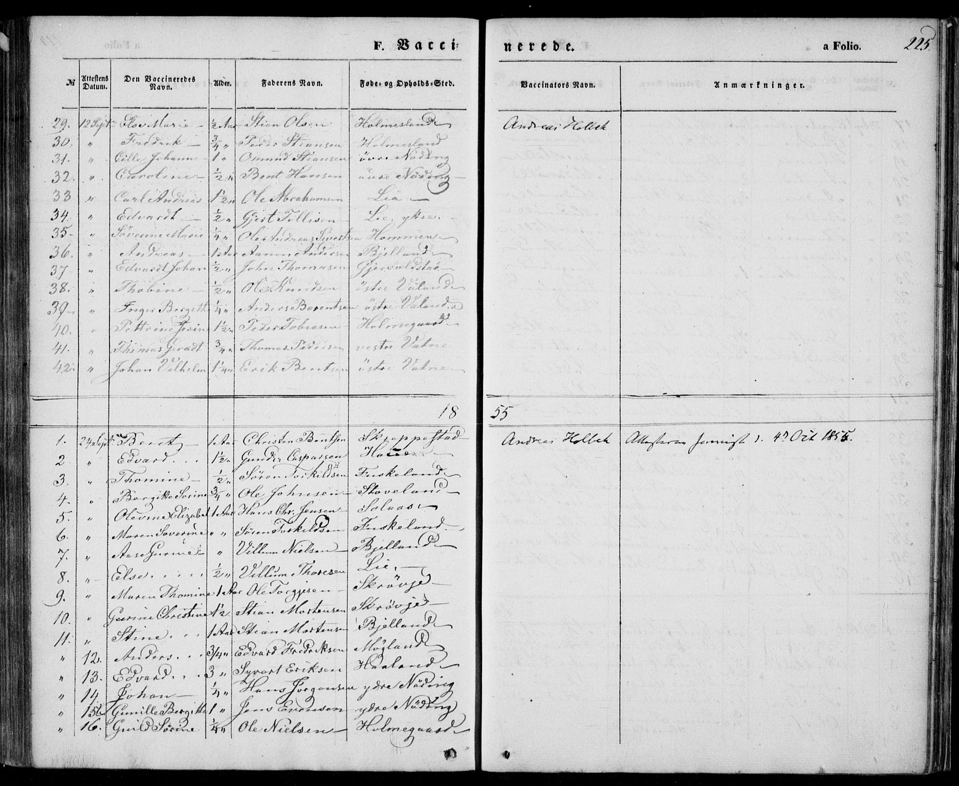 Holum sokneprestkontor, AV/SAK-1111-0022/F/Fa/Faa/L0005: Parish register (official) no. A 5, 1850-1864, p. 225