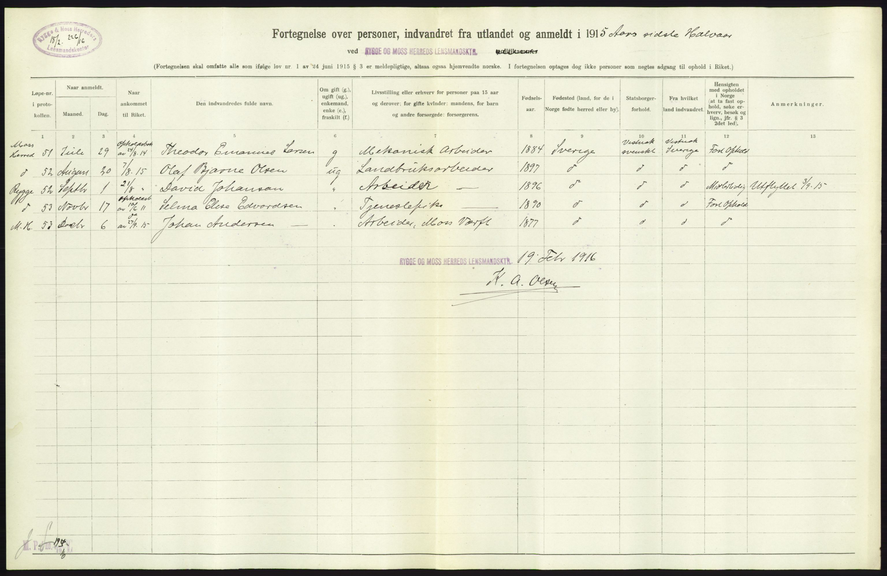 Statistisk sentralbyrå, Sosioøkonomiske emner, Folketellinger, boliger og boforhold, AV/RA-S-2231/F/Fa/L0001: Innvandring. Navn/fylkesvis, 1915, p. 237