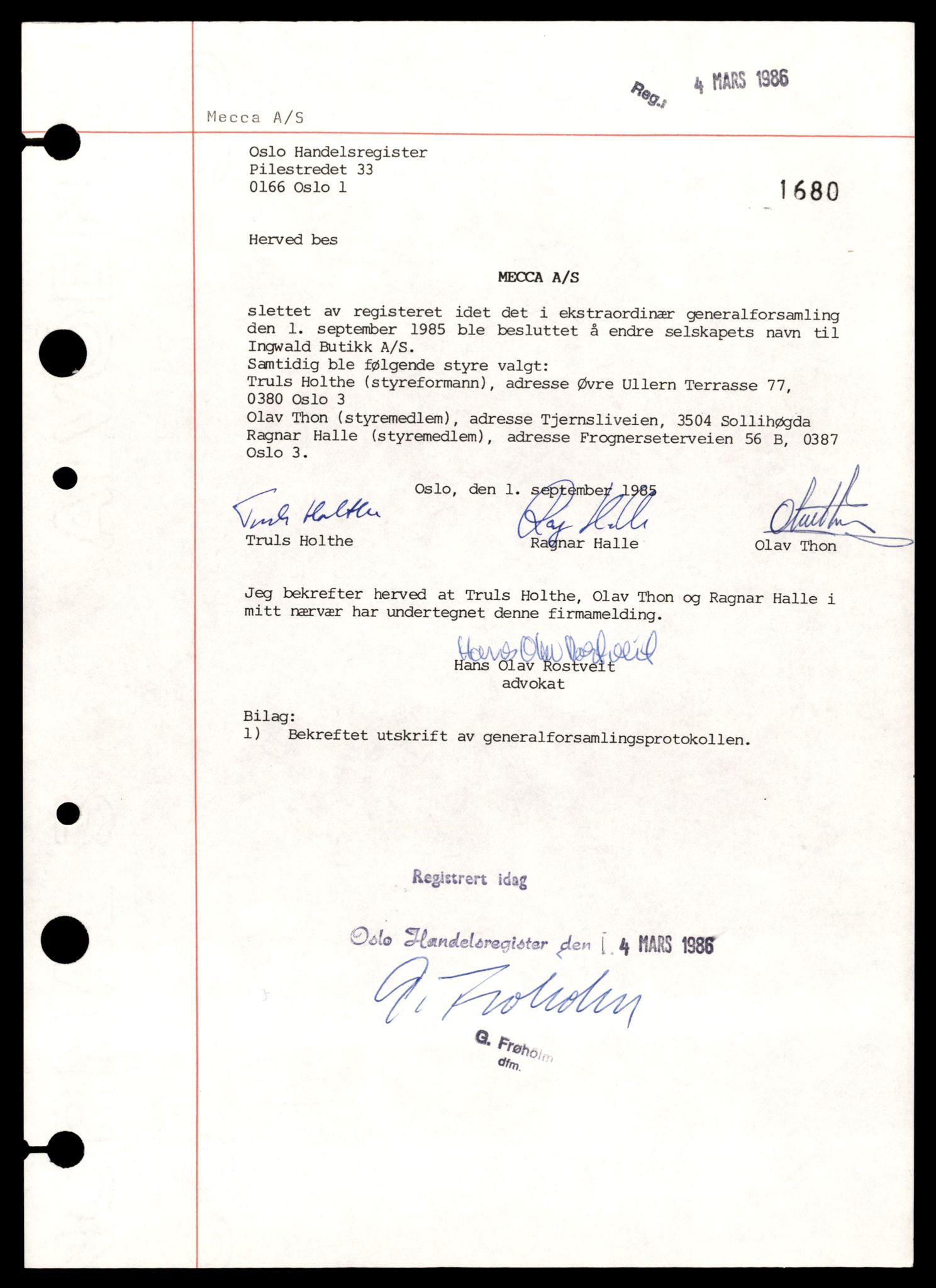 Oslo byfogd, Handelsregisteret, SAT/A-10867/G/Gb/Gbb/L0088: Registreringsmeldinger, Me-No, 1986, p. 1