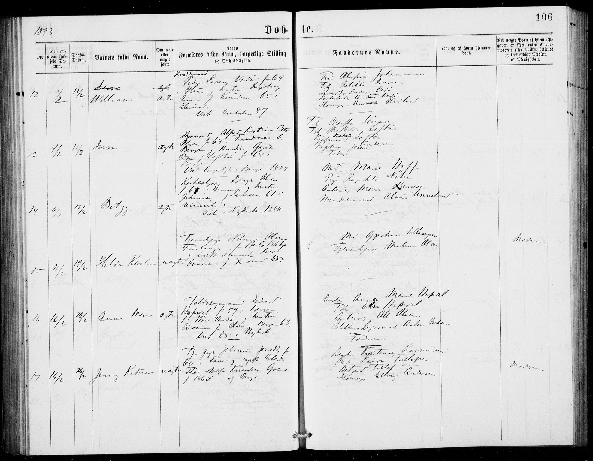 Fødselsstiftelsens sokneprestembete, ført av overlegen*, SAB/-: Parish register (official) no. A 2, 1884-1900, p. 106