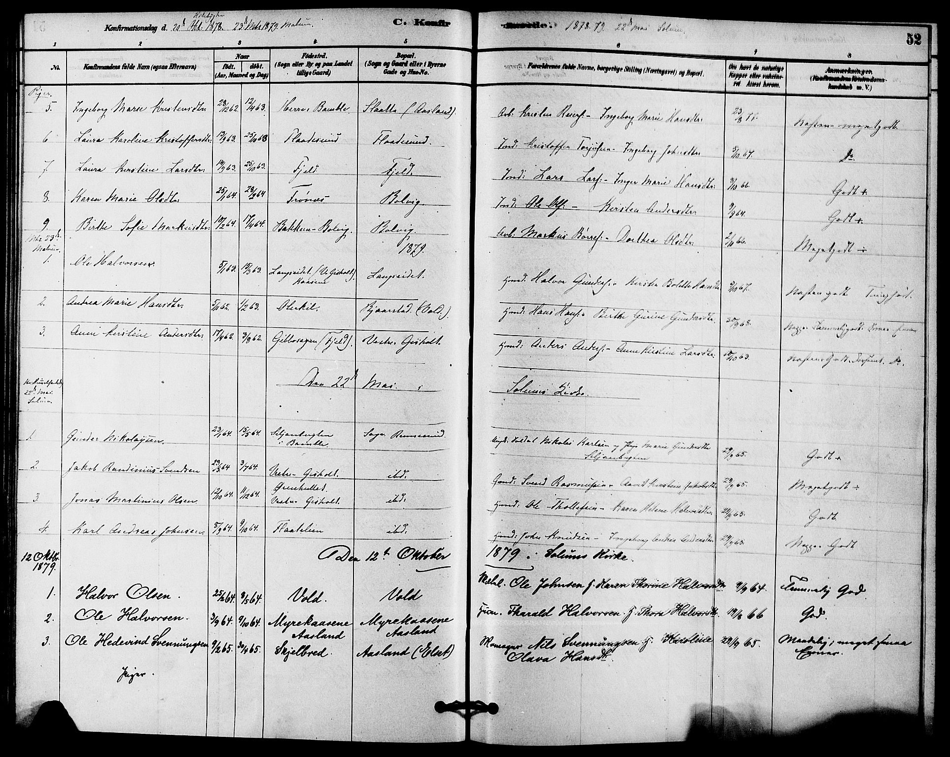 Solum kirkebøker, SAKO/A-306/F/Fc/L0001: Parish register (official) no. III 1, 1877-1891, p. 52