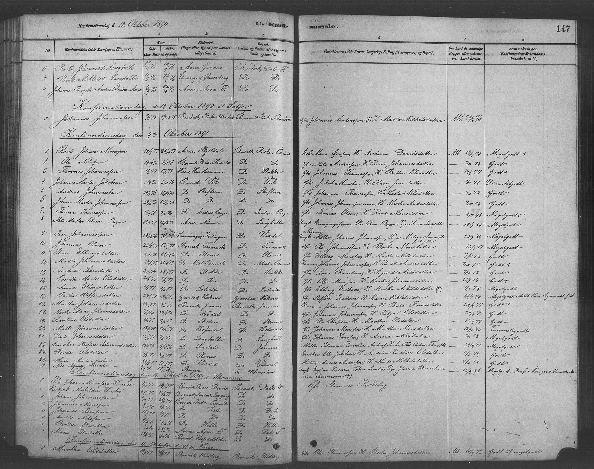Bruvik Sokneprestembete, SAB/A-74701/H/Hab: Parish register (copy) no. A 1, 1878-1907, p. 147