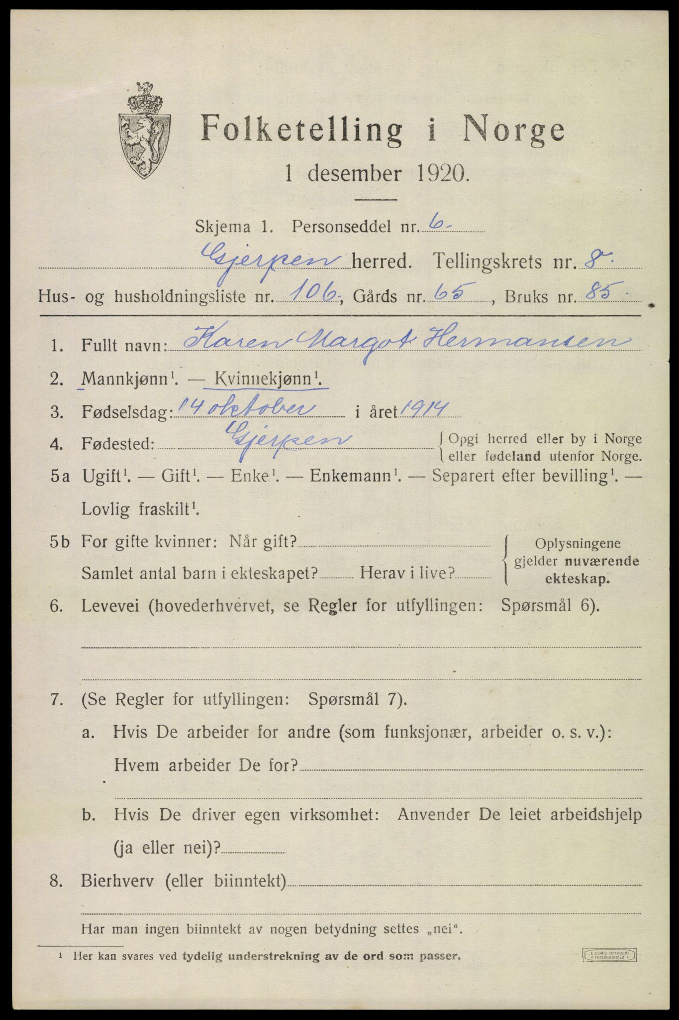 SAKO, 1920 census for Gjerpen, 1920, p. 10762