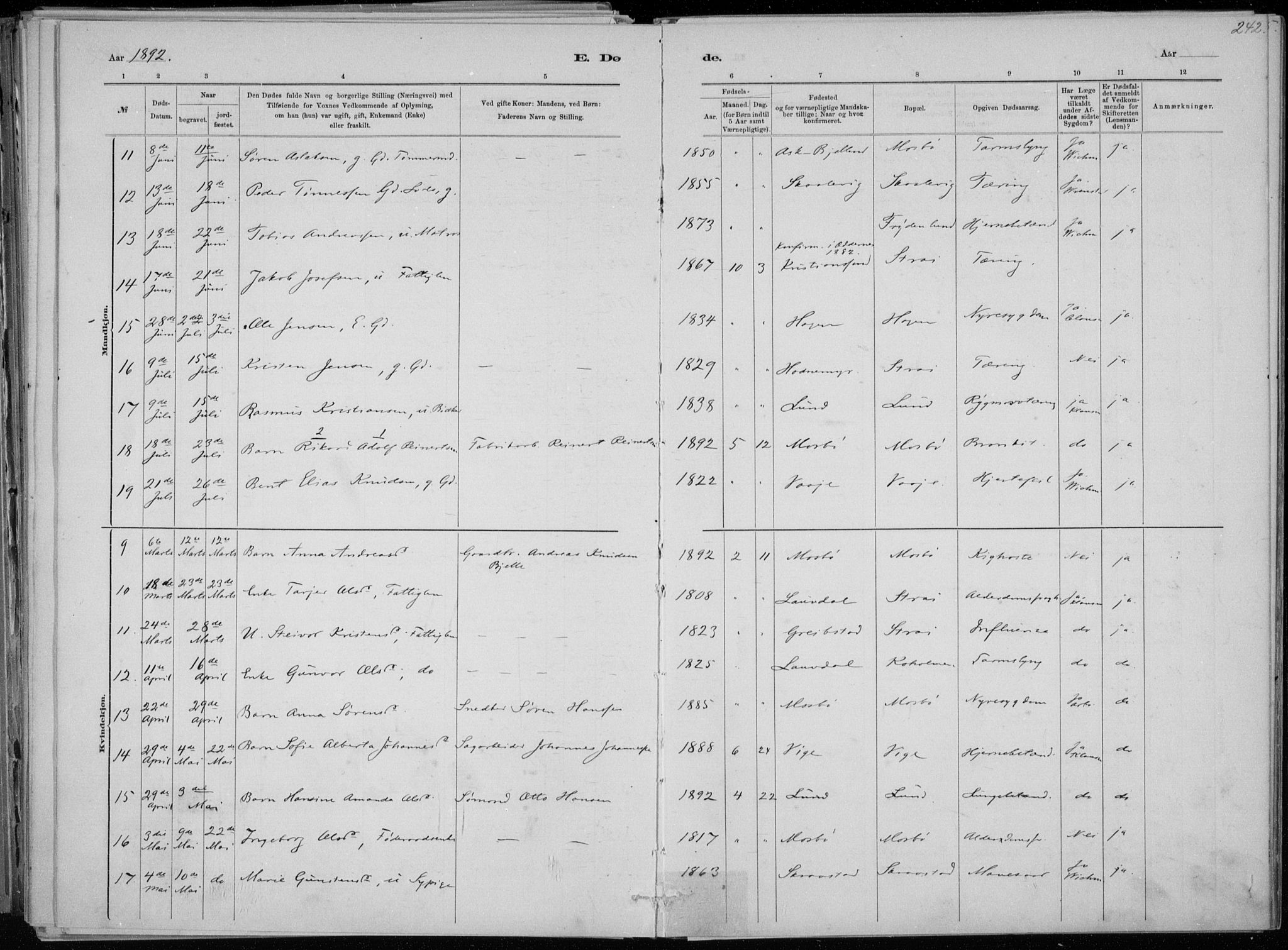 Oddernes sokneprestkontor, SAK/1111-0033/F/Fa/Faa/L0009: Parish register (official) no. A 9, 1884-1896, p. 242