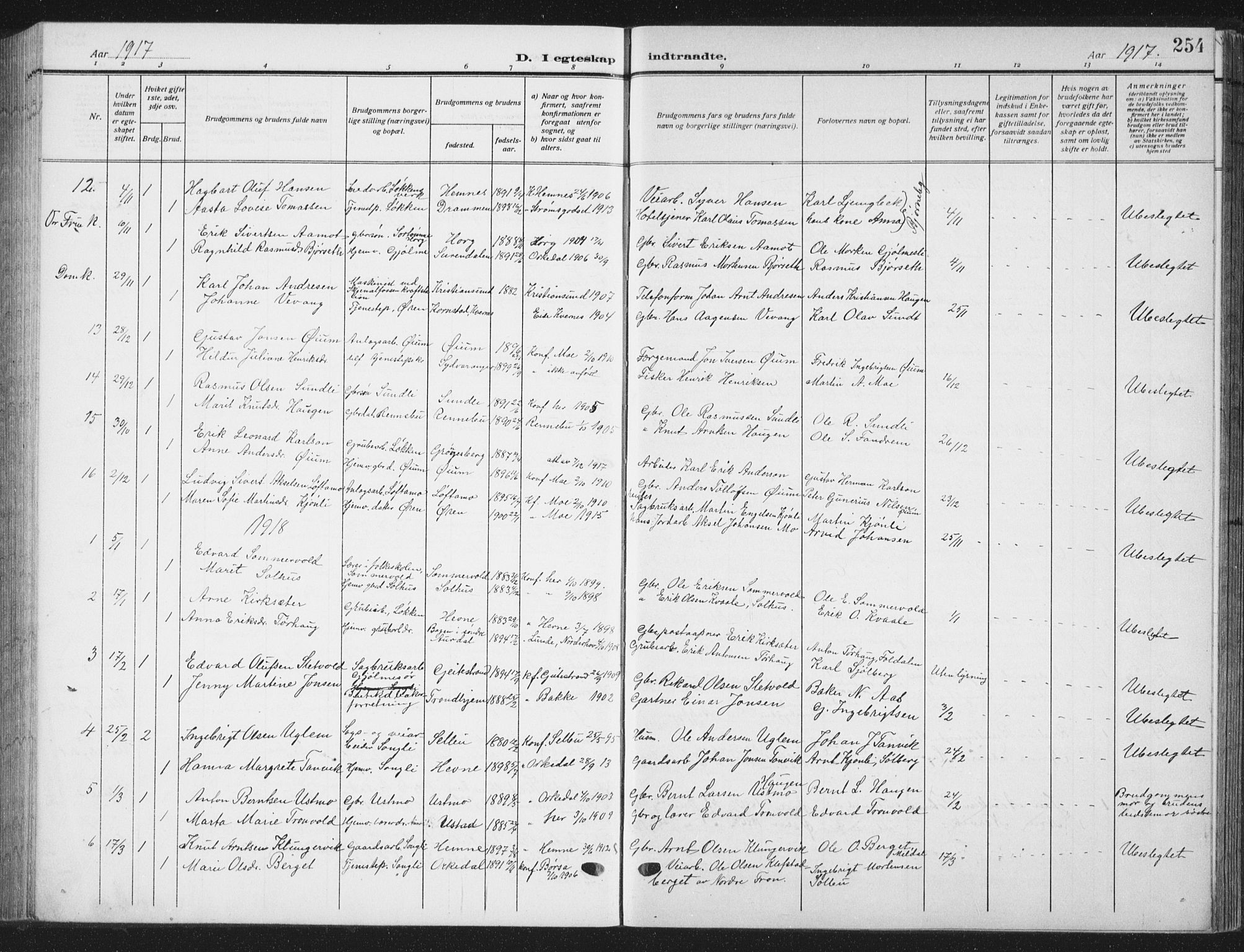 Ministerialprotokoller, klokkerbøker og fødselsregistre - Sør-Trøndelag, SAT/A-1456/668/L0820: Parish register (copy) no. 668C09, 1912-1936, p. 254
