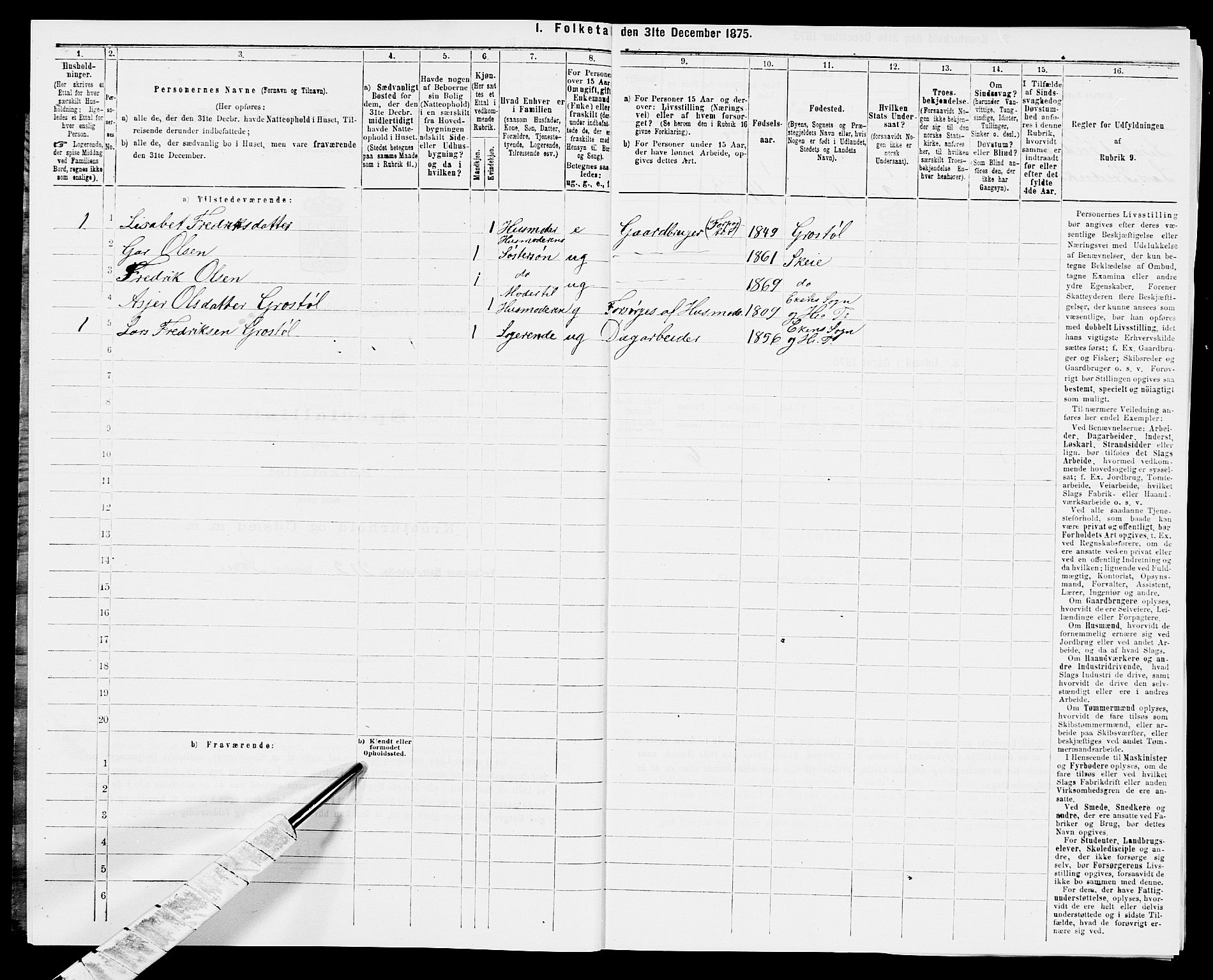 SAK, 1875 census for 1034P Hægebostad, 1875, p. 582