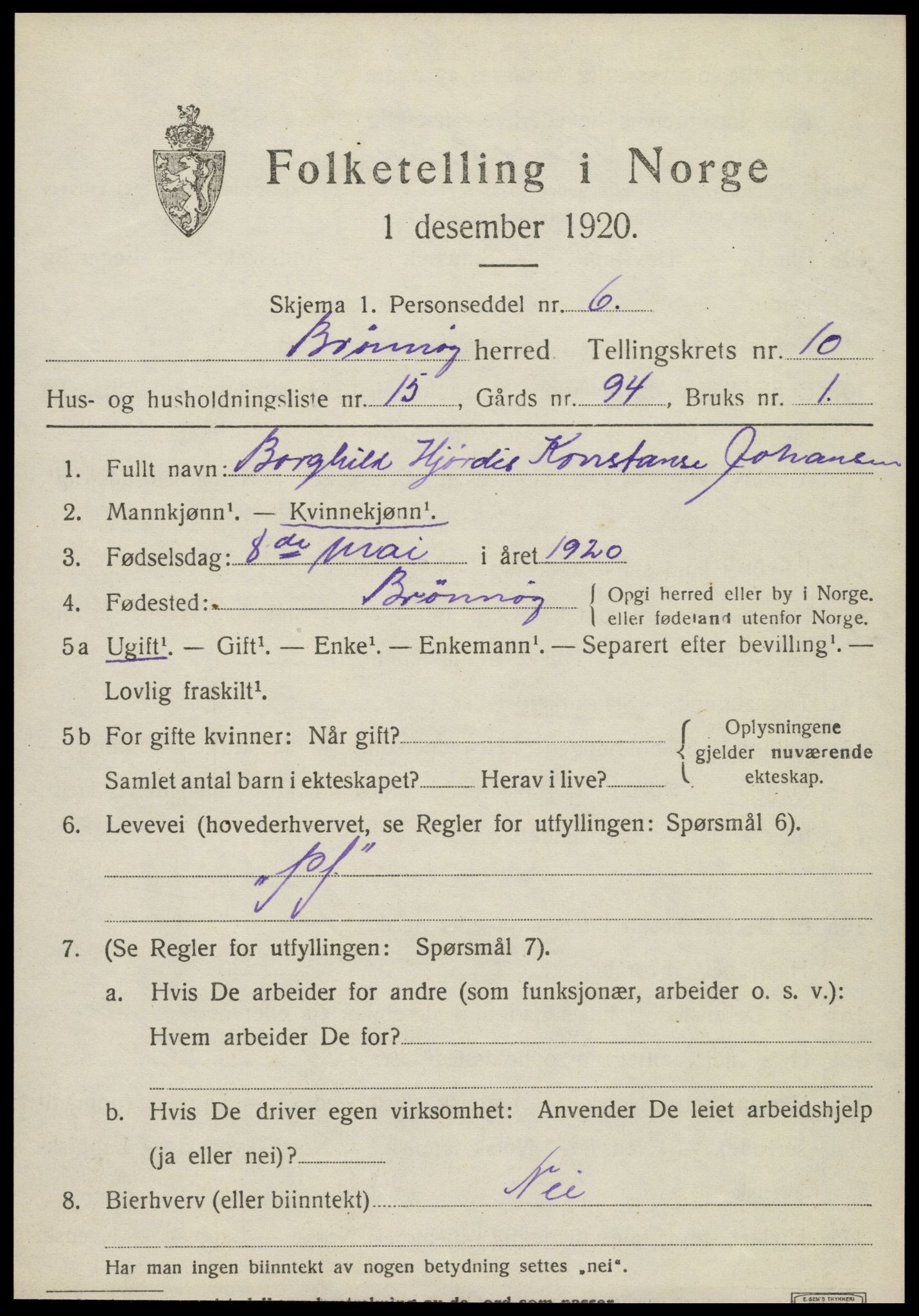 SAT, 1920 census for Brønnøy, 1920, p. 7766