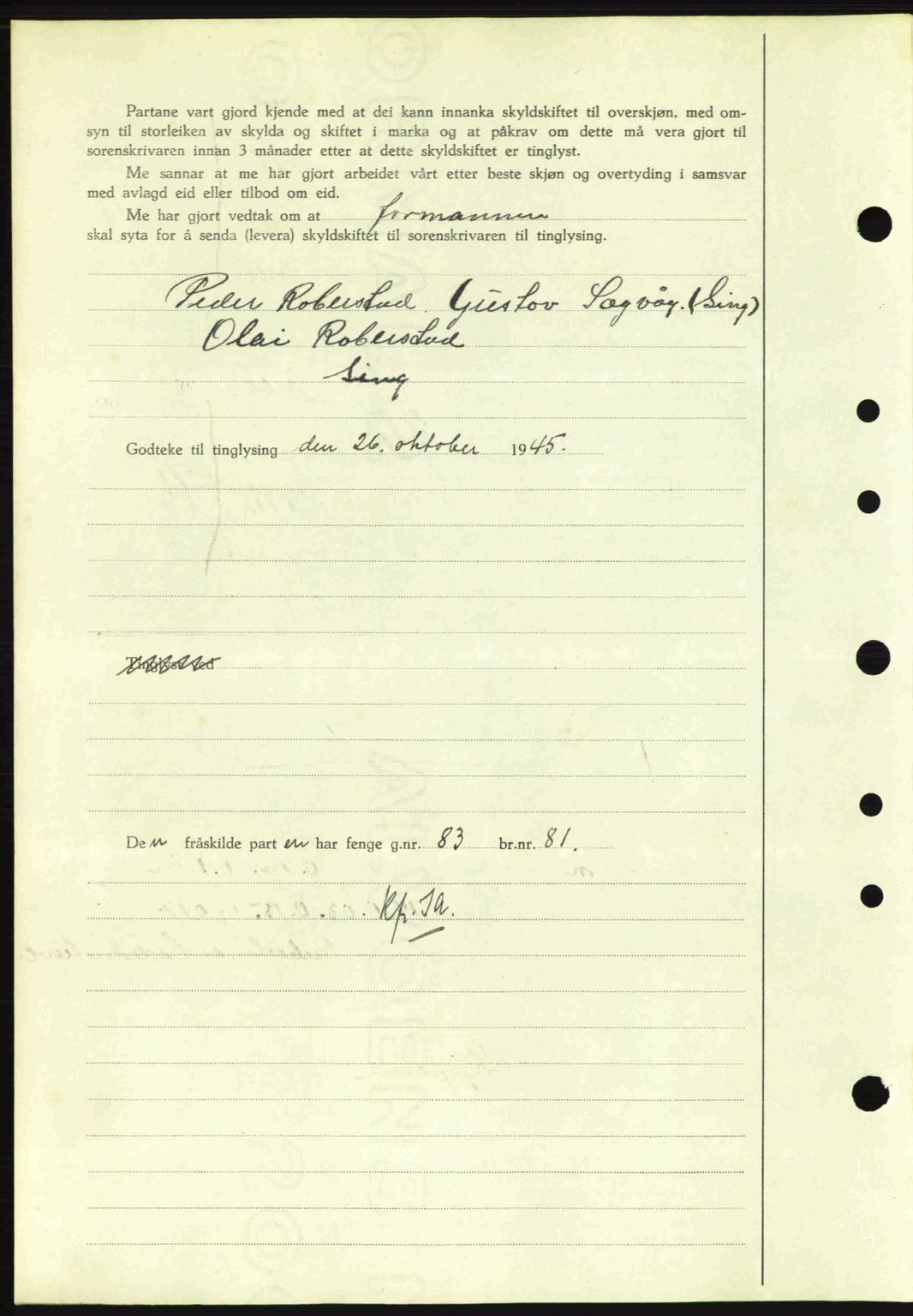 Sunnhordland sorenskrivar, AV/SAB-A-2401: Mortgage book no. A77, 1945-1945, Diary no: : 1204/1945