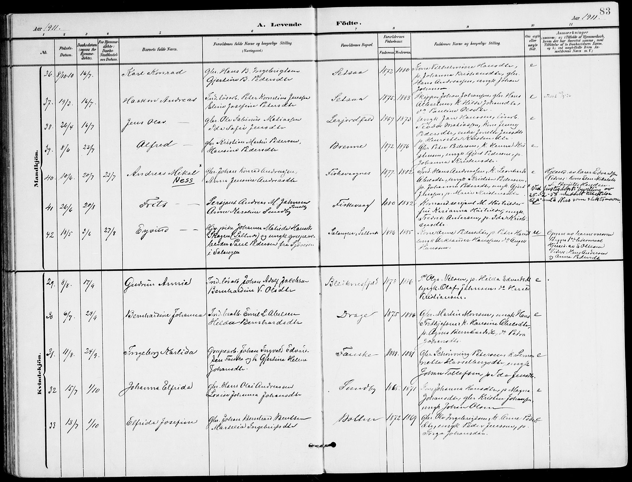 Ministerialprotokoller, klokkerbøker og fødselsregistre - Nordland, AV/SAT-A-1459/847/L0672: Parish register (official) no. 847A12, 1902-1919, p. 83