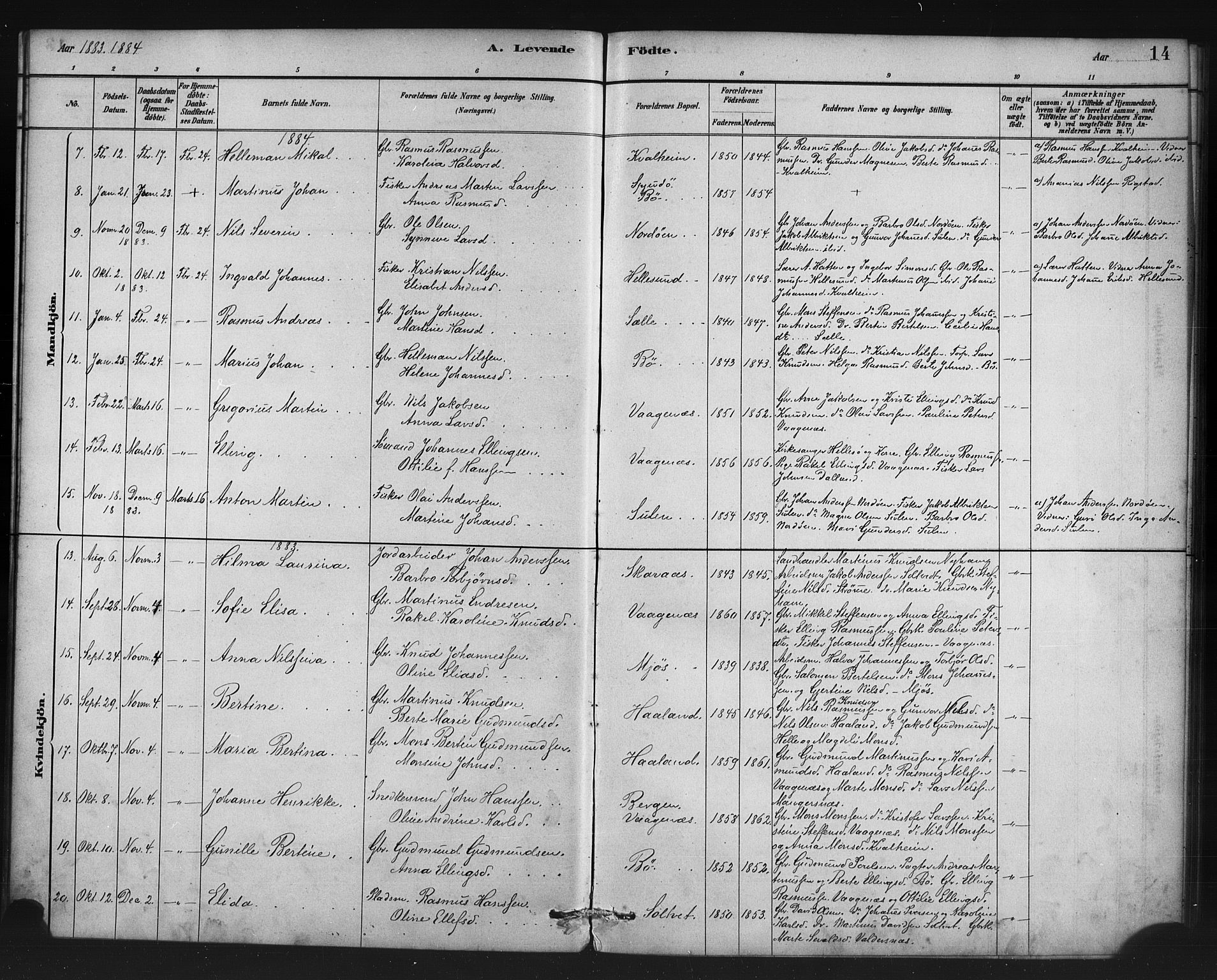 Manger sokneprestembete, AV/SAB-A-76801/H/Haa: Parish register (official) no. C 1, 1881-1890, p. 14