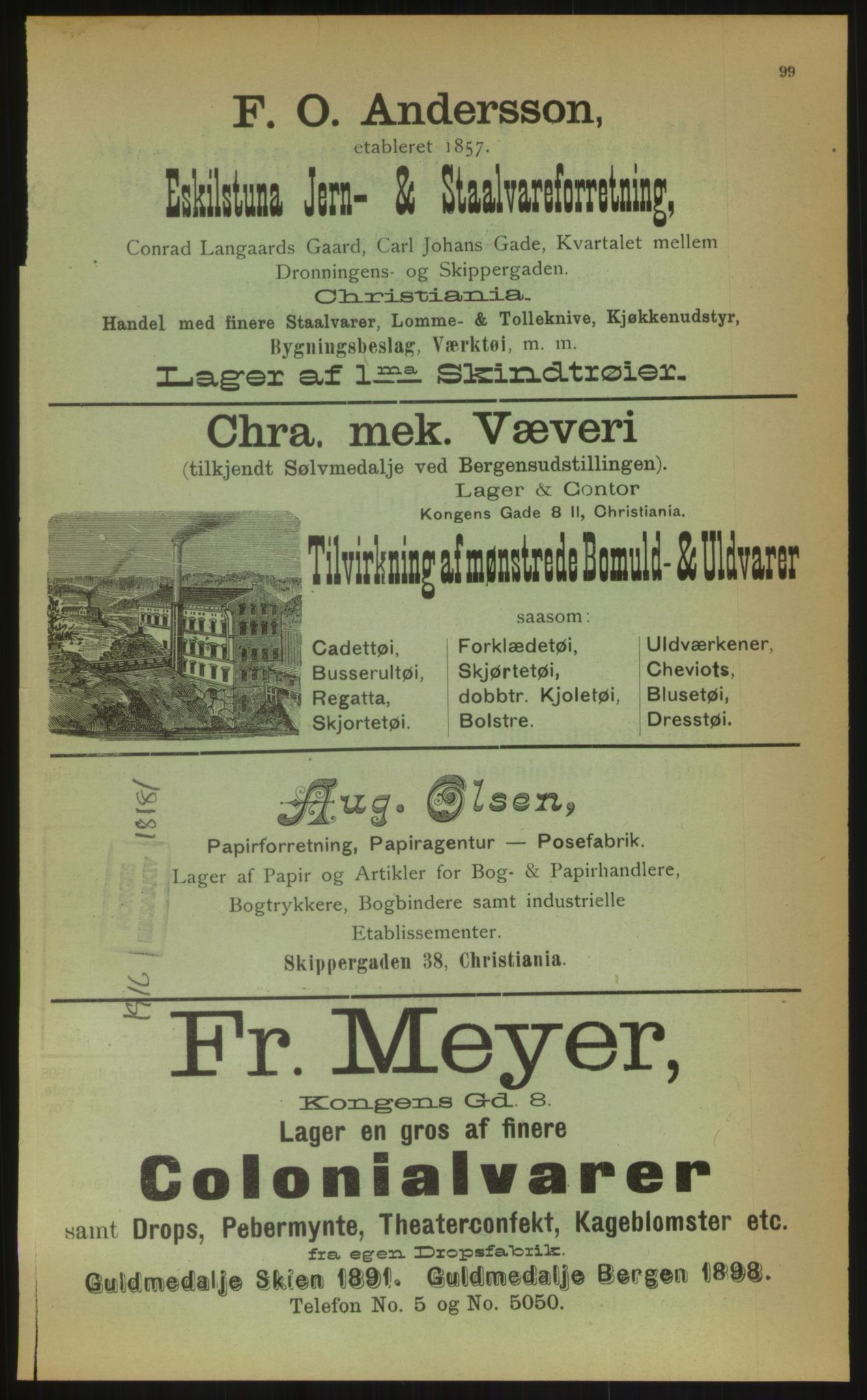 Kristiania/Oslo adressebok, PUBL/-, 1899, p. 99