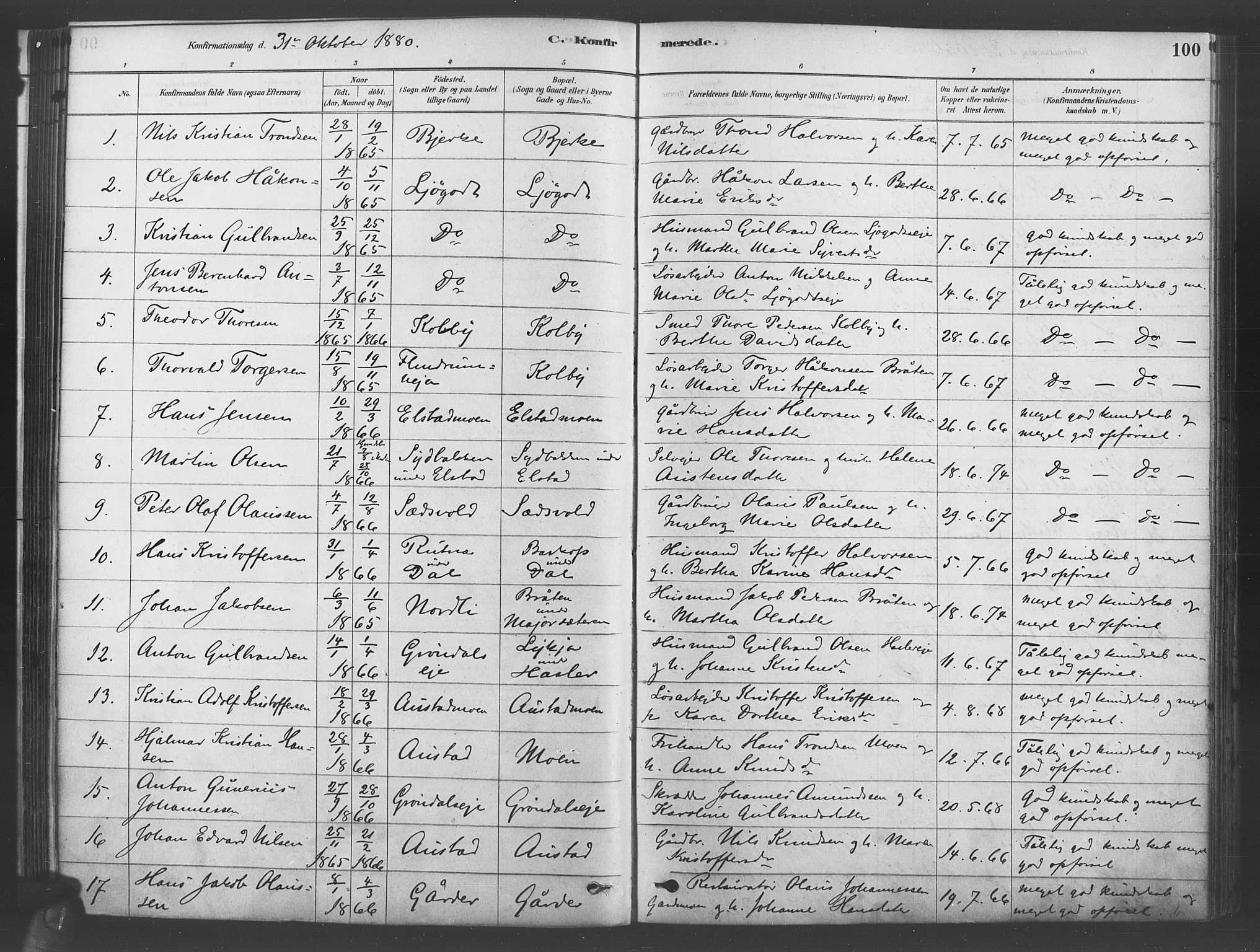Ullensaker prestekontor Kirkebøker, SAO/A-10236a/F/Fb/L0001: Parish register (official) no. II 1, 1878-1893, p. 100